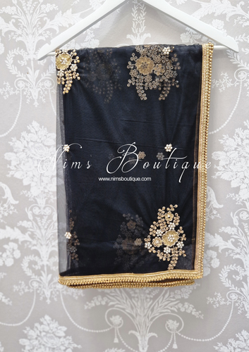 Black Net Pearl Embellished Dupatta/Chunni with Gold Bead Edging