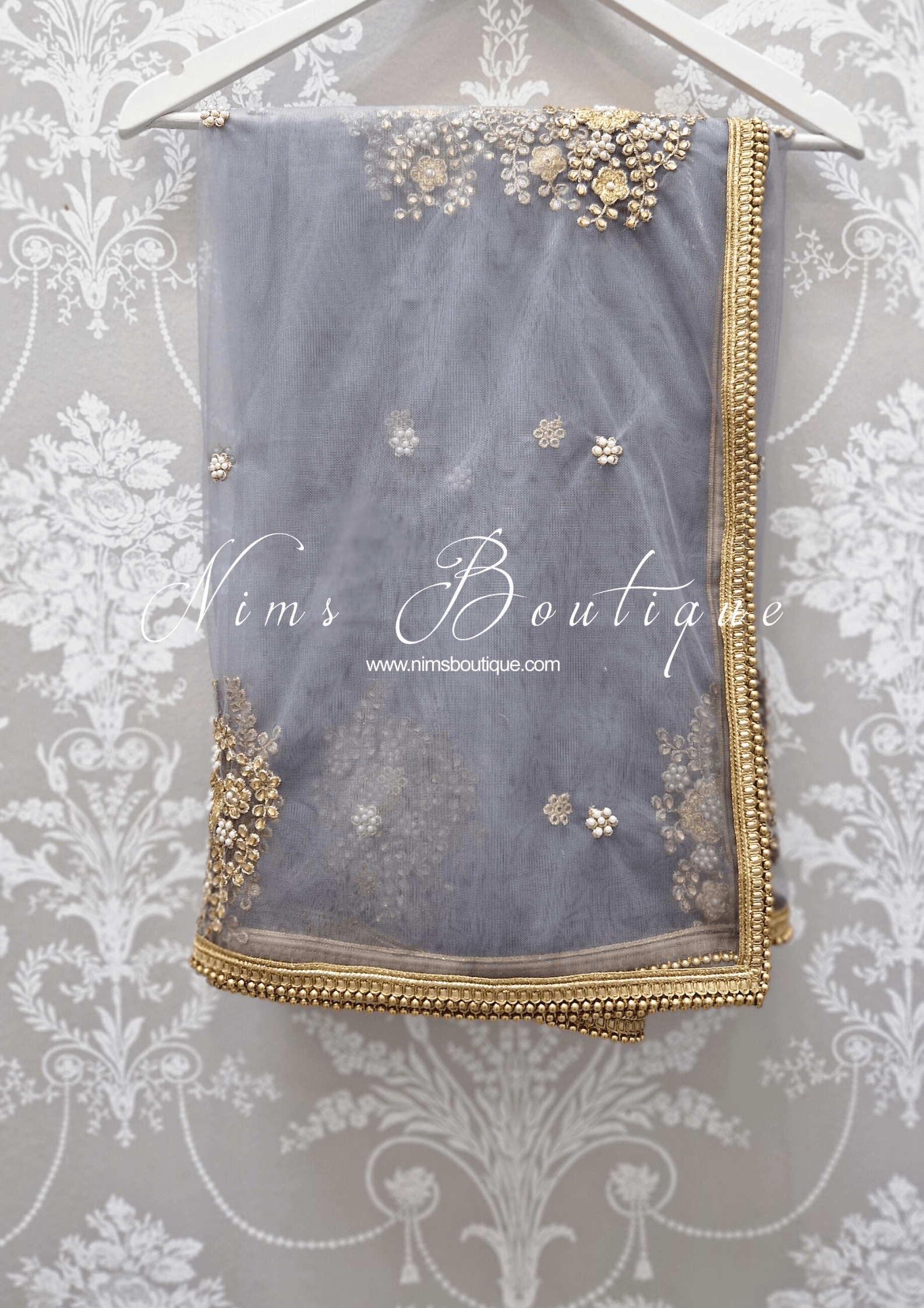 Nims Boutique Grey Net Pearl Embellished Dupatta/Chunni with Gold Bead Edging GB1
