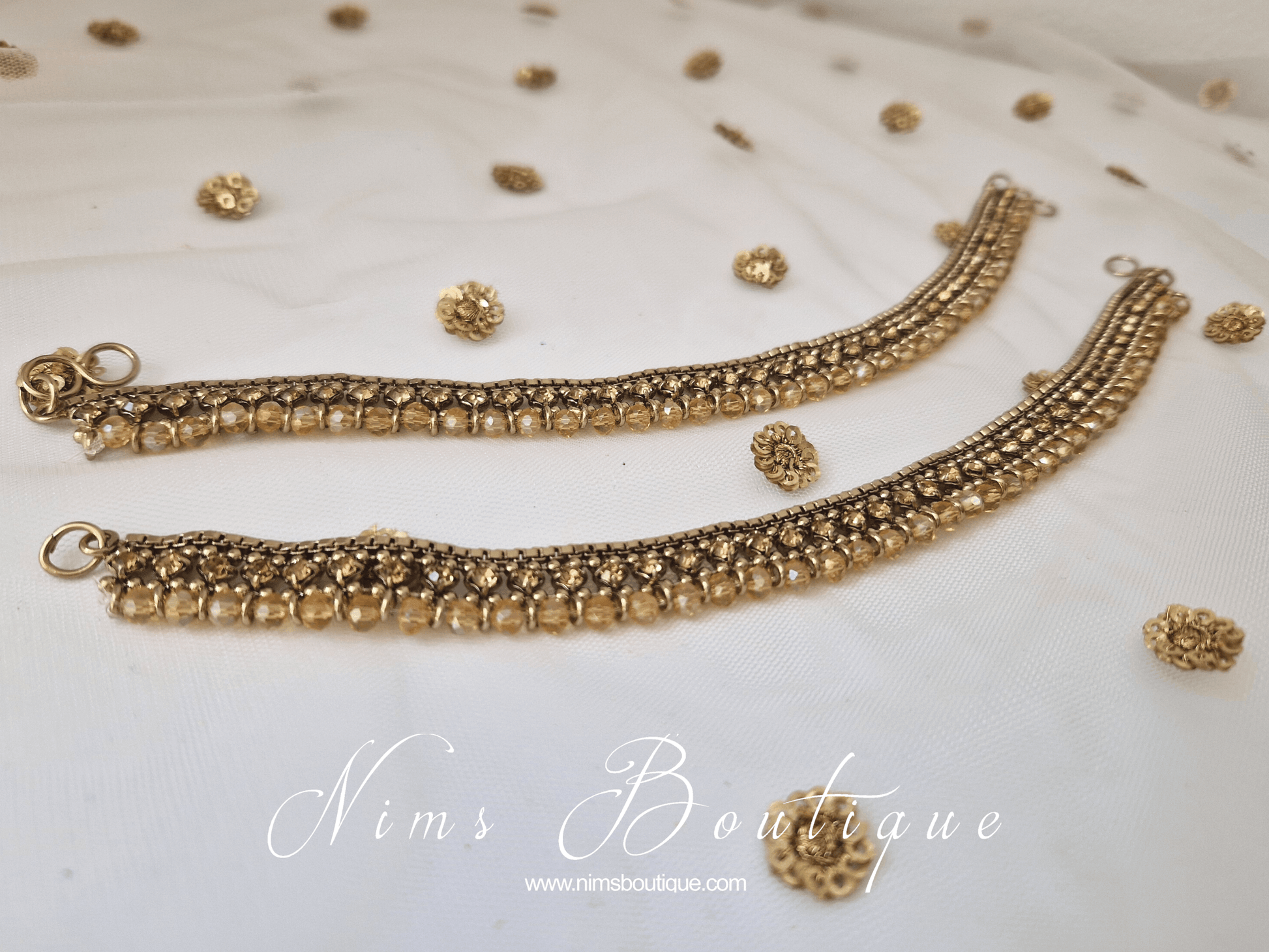 Nims Boutique Pair of Royal Antique Gold & Gold Stone Anklets