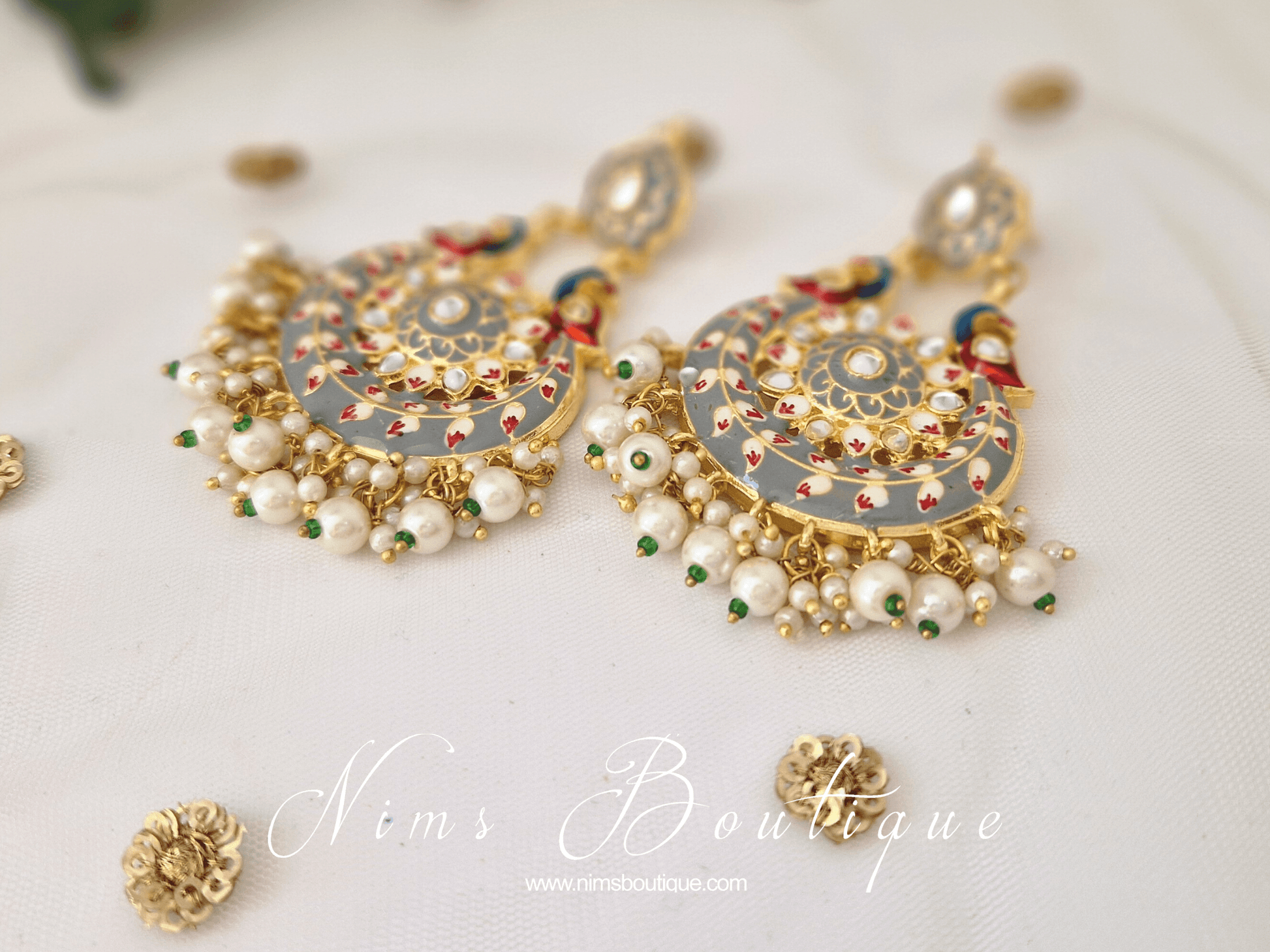 Nims Boutique Moorni Grey Meenakari Peacock Earrings
