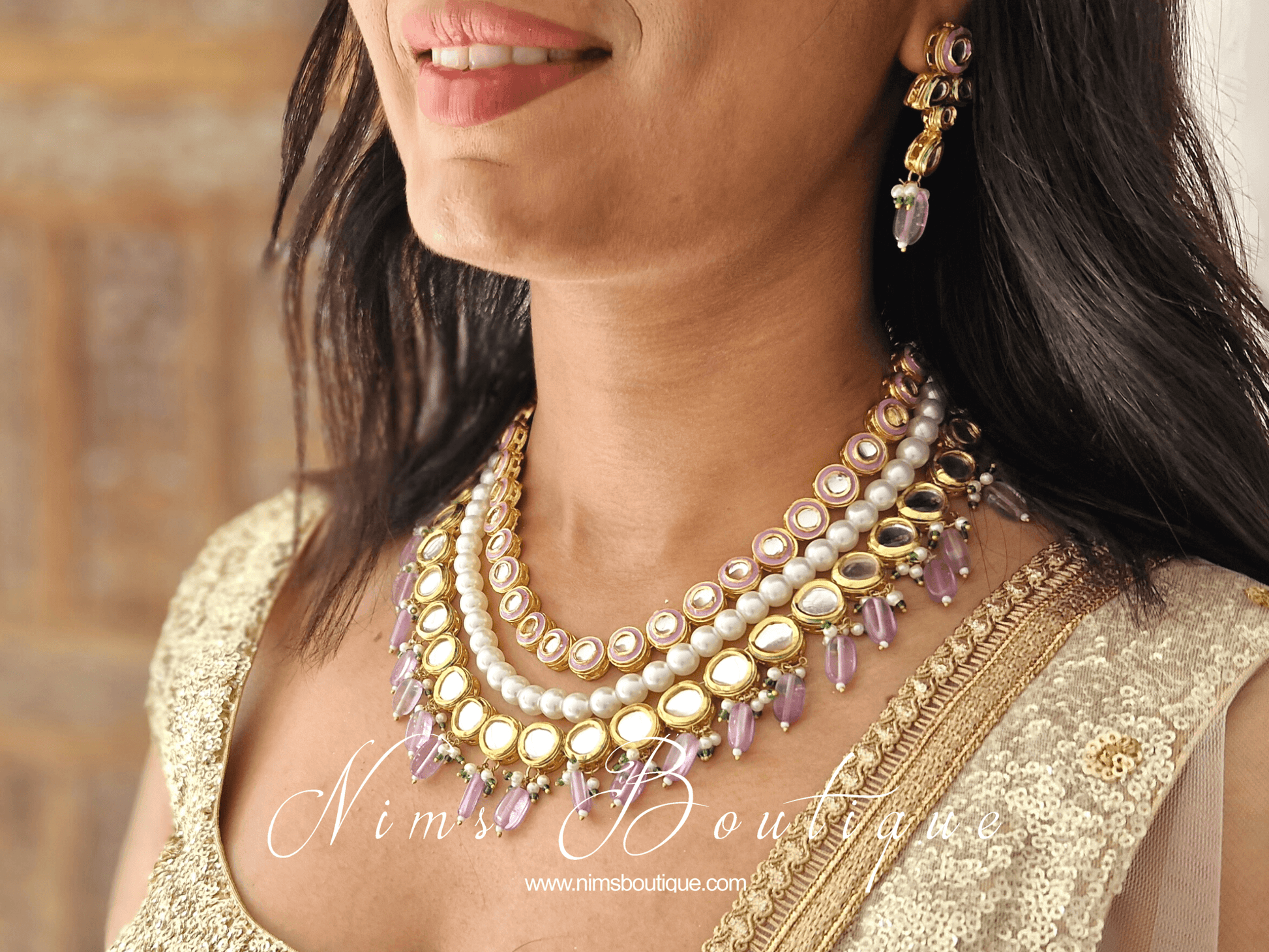 Nims Boutique Myra Blossom Kundan Deep Lilac & Pink Haar Set