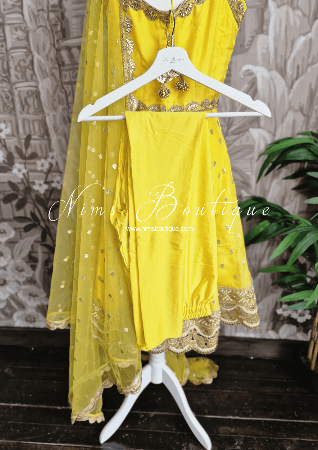 Nims Boutique The NB Luxury Yellow Silk Anarkali with Pajami size 8-12