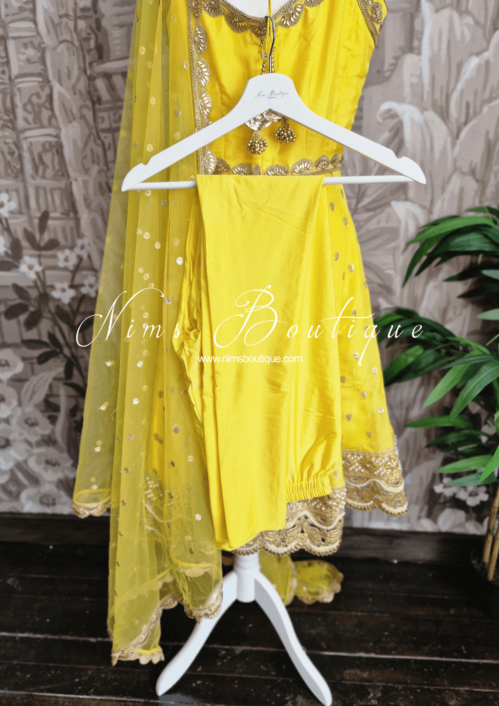 Nims Boutique The NB Luxury Yellow Silk Anarkali with Pajami size 8-12