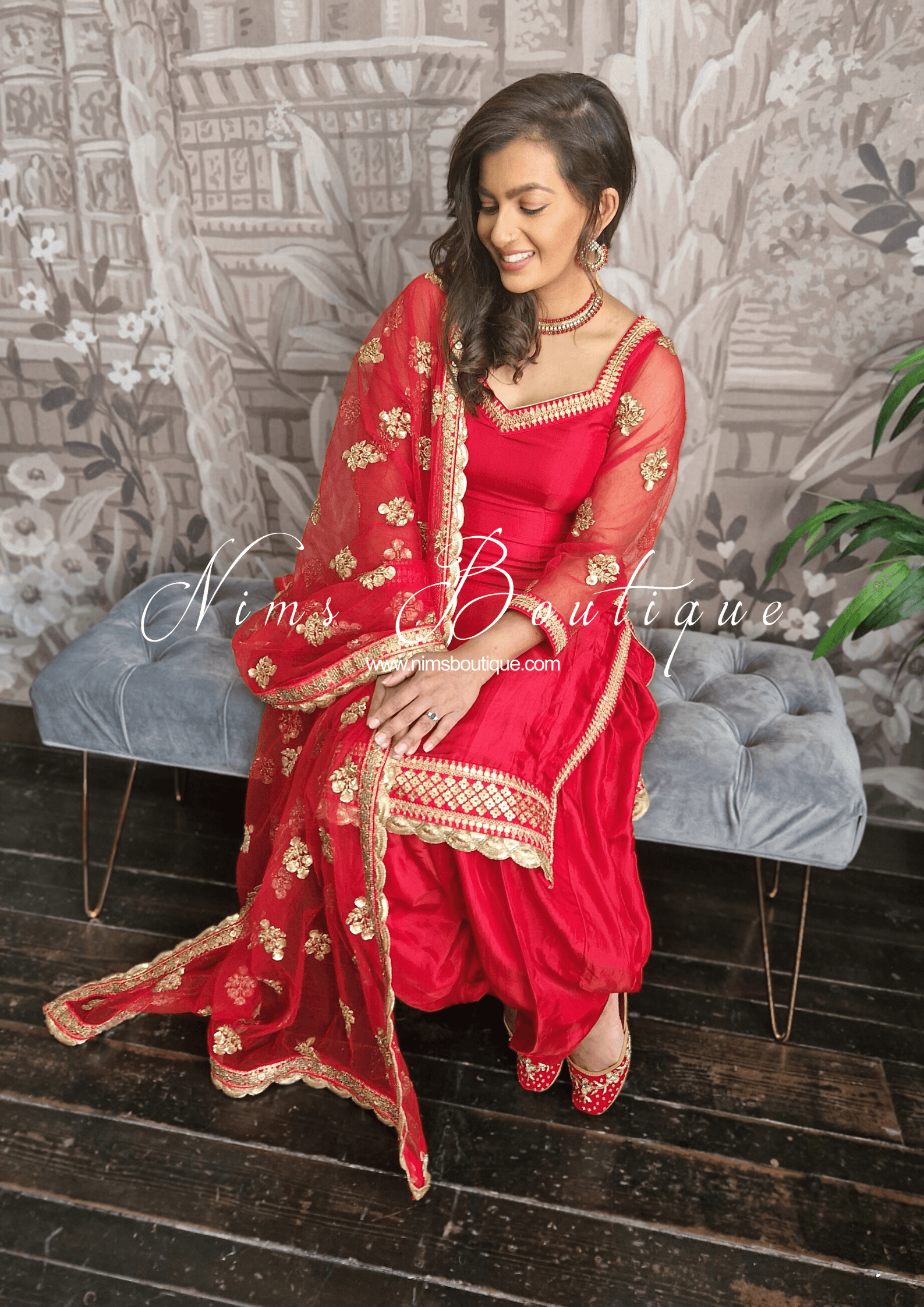 Nims Boutique The NB Classic Long Sleeved Red Silk Salwar Suit sizes 4-18