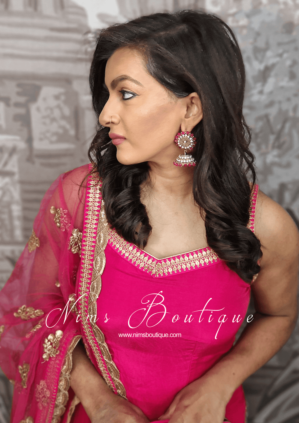 Nims Boutique Royal Chandni Antique Gold & Hot Pink Chumke
