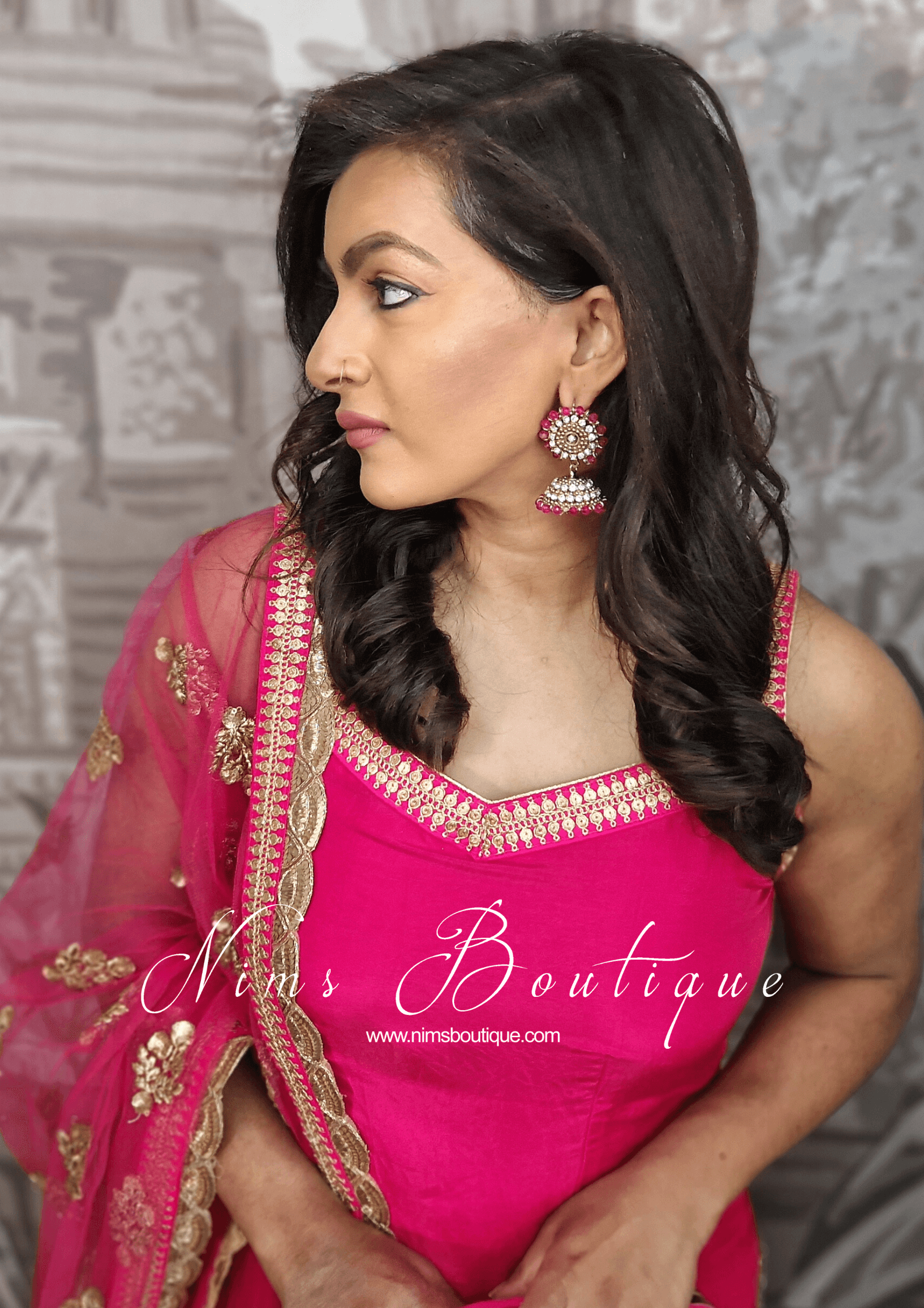 Nims Boutique Royal Chandni Antique Gold & Hot Pink Chumke
