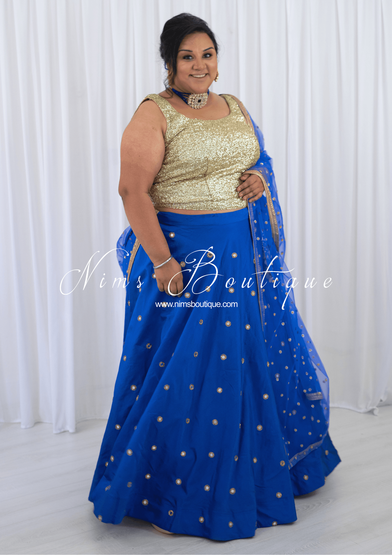 Nims Boutique Rani Luxury Royal Blue Mirror readymade skirt/lehnga size 4-26