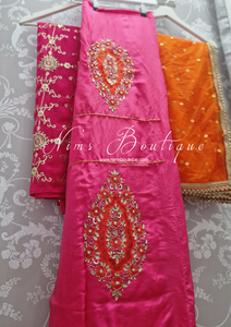 Luxury Unstitched Hot Pink and Orange Pure Silk Suit