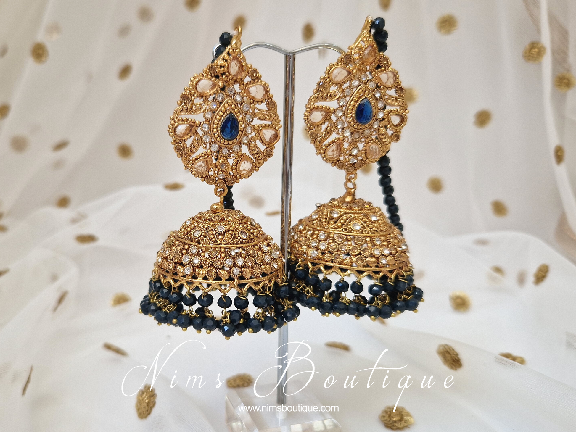 Nims Boutique Anjali Navy Chumke with earring chains & navy stone