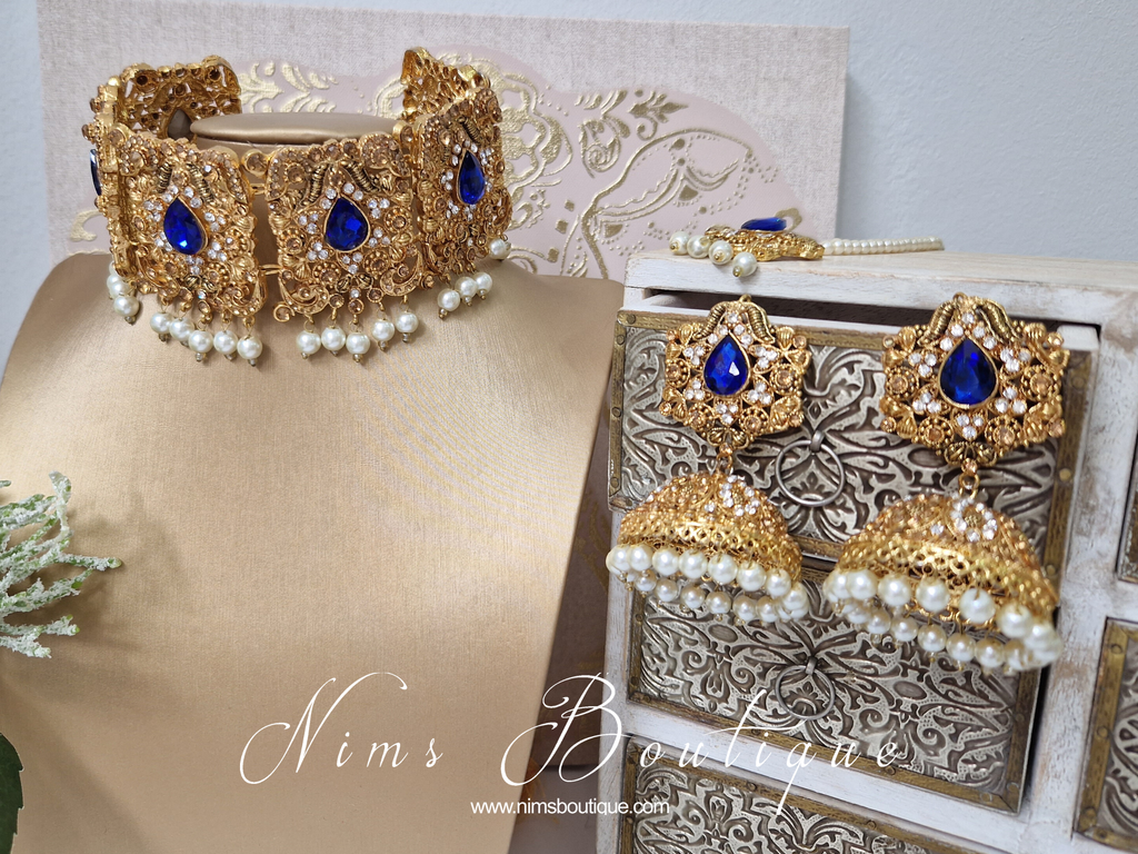 Nims Boutique Royal Blue Stone & Pearl Maharani Choker Set