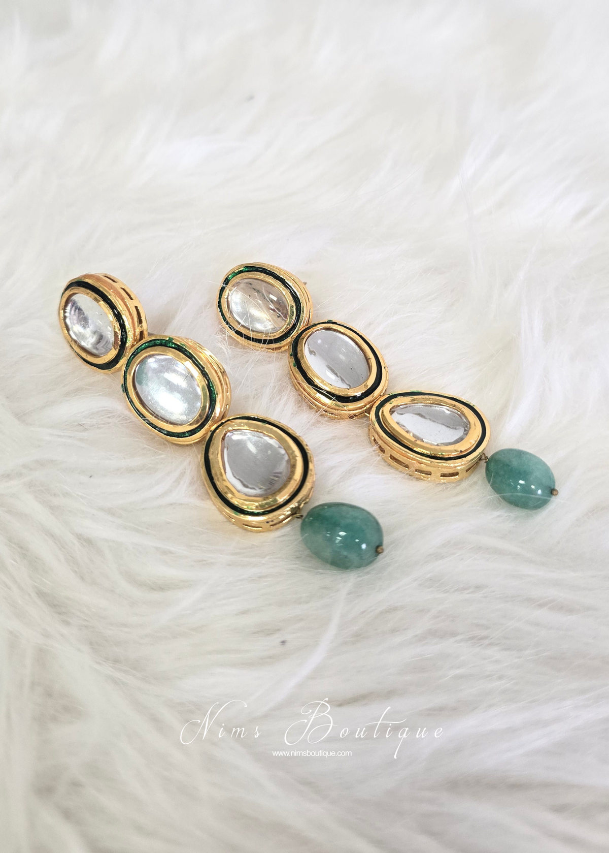 Long Kundan Green Stud Earrings