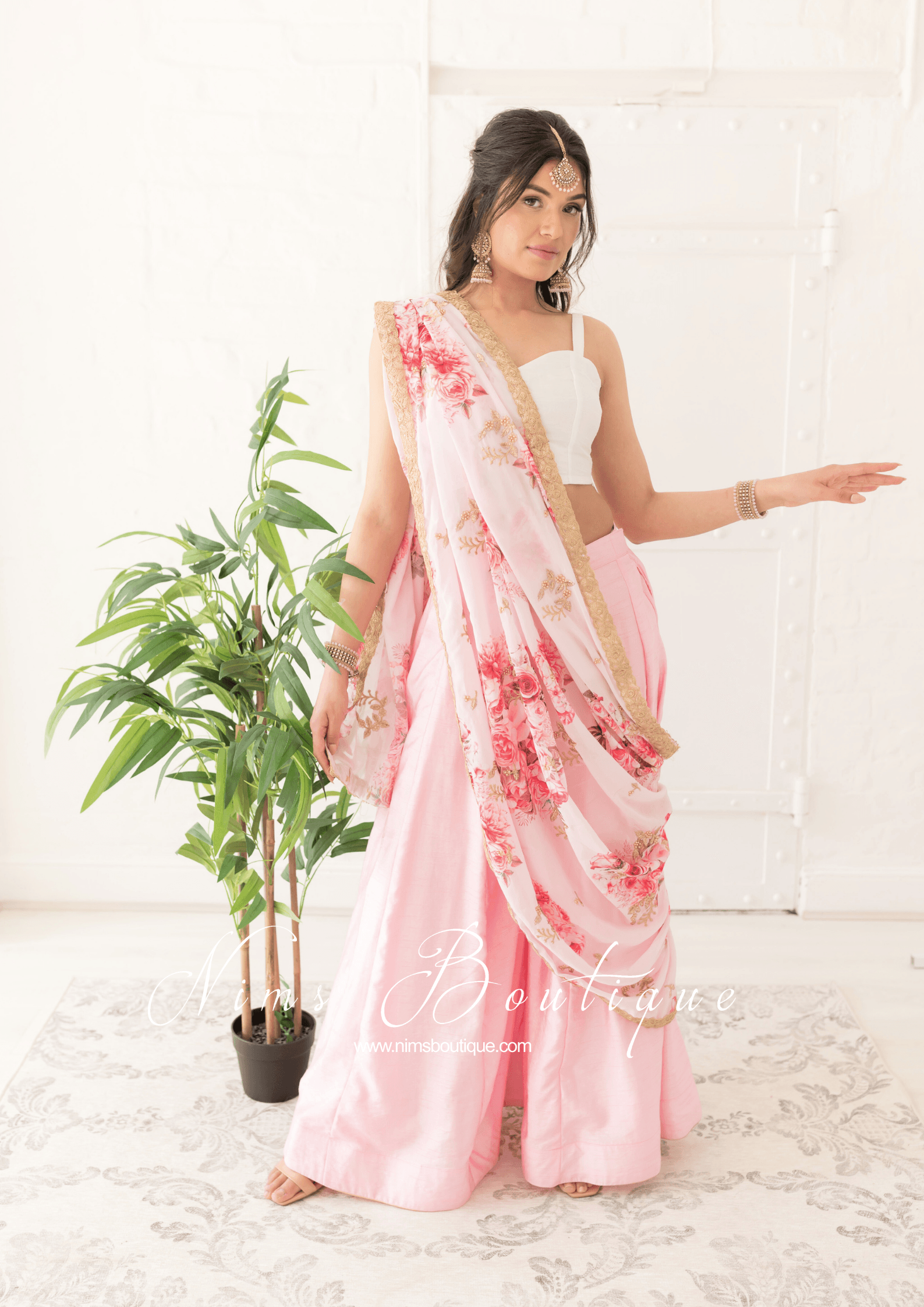 Nims Boutique La Floraison Pink Floral Georgette Dupatta/Chunni LFG4