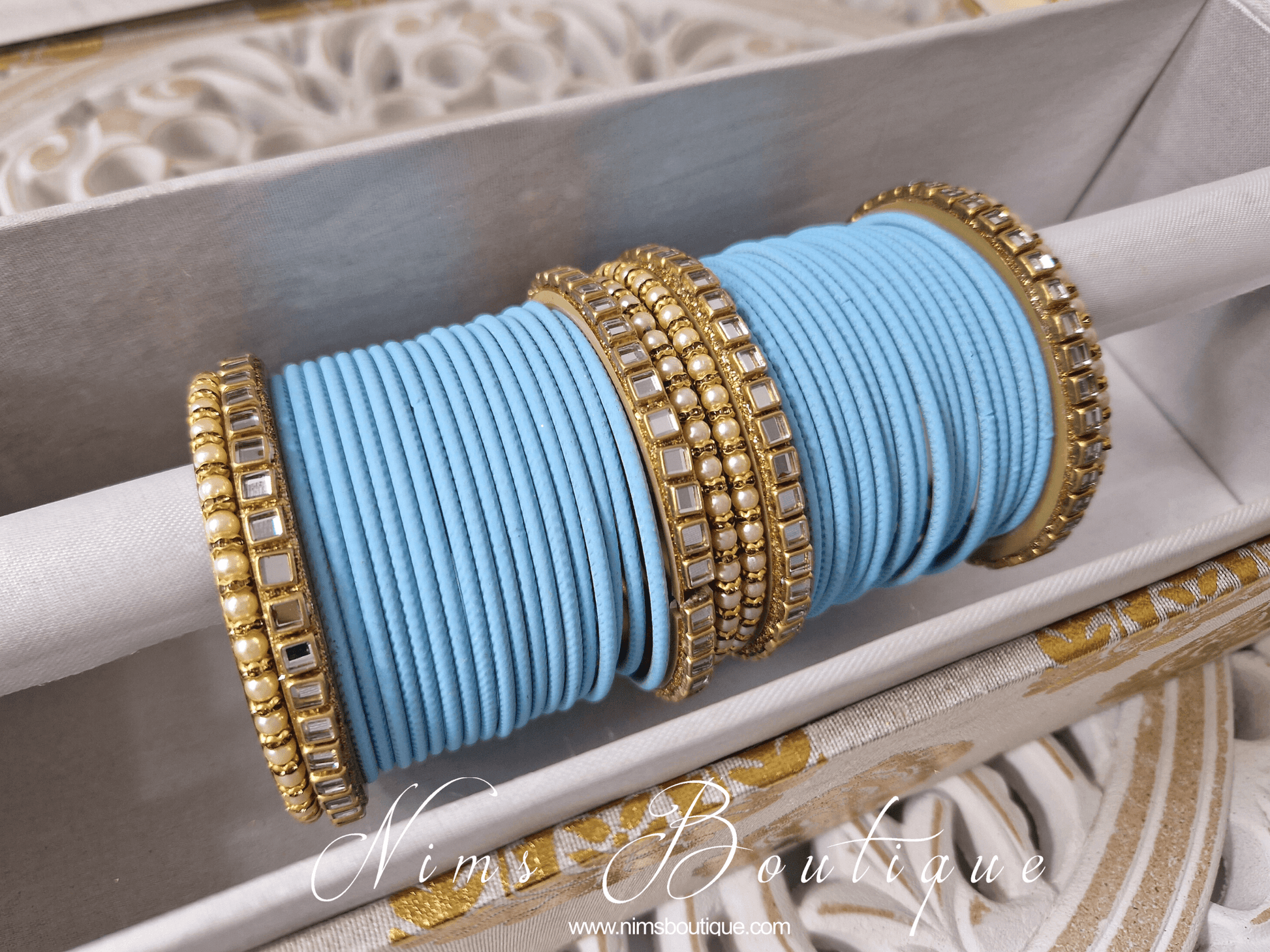 Nims Boutique Light Blue & Kundan Set of Bangles LBN