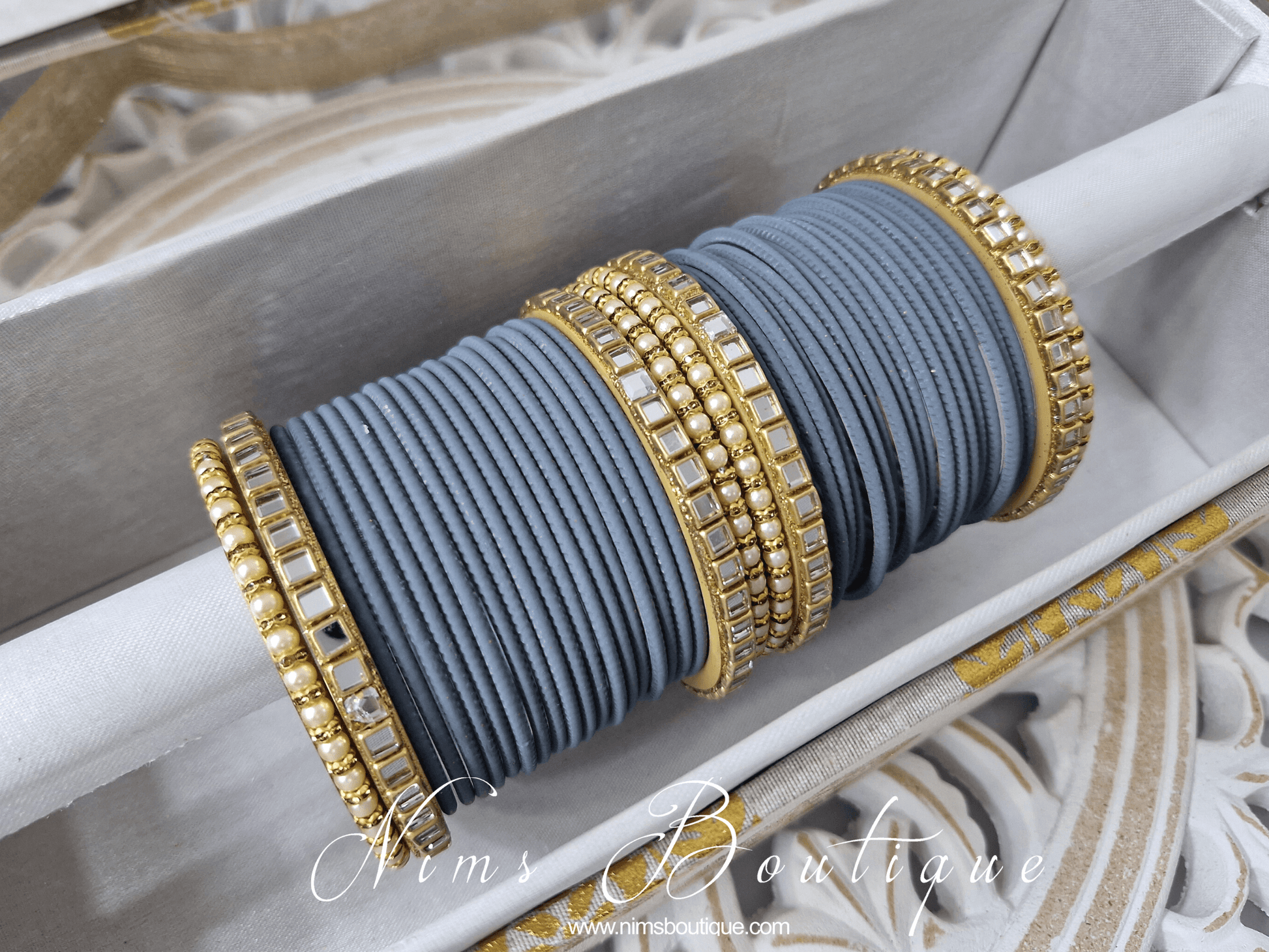 Nims Boutique Grey & Kundan Set of Bangles GN