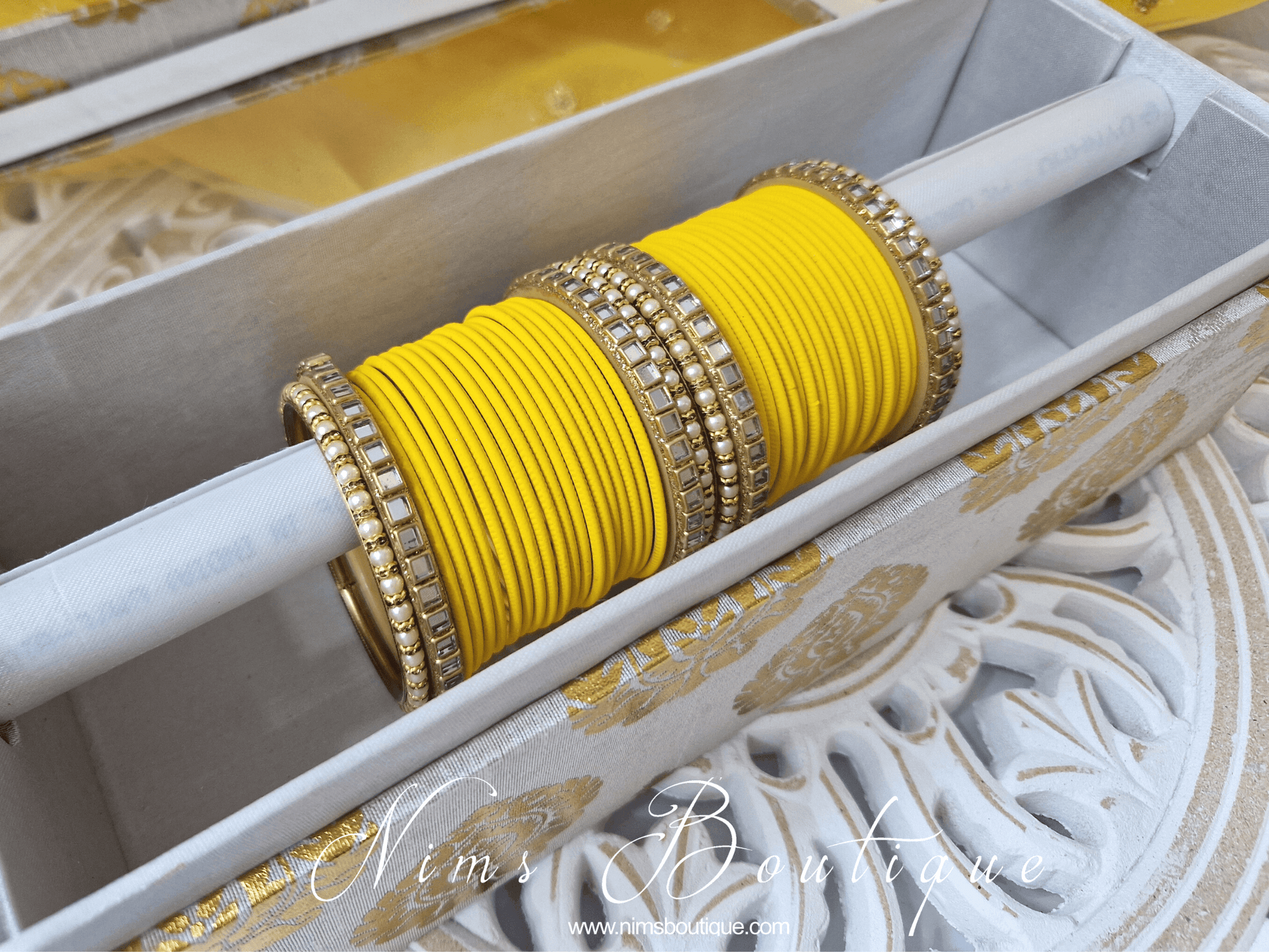 Nims Boutique Deep Yellow & Kundan Set of Bangles DYN