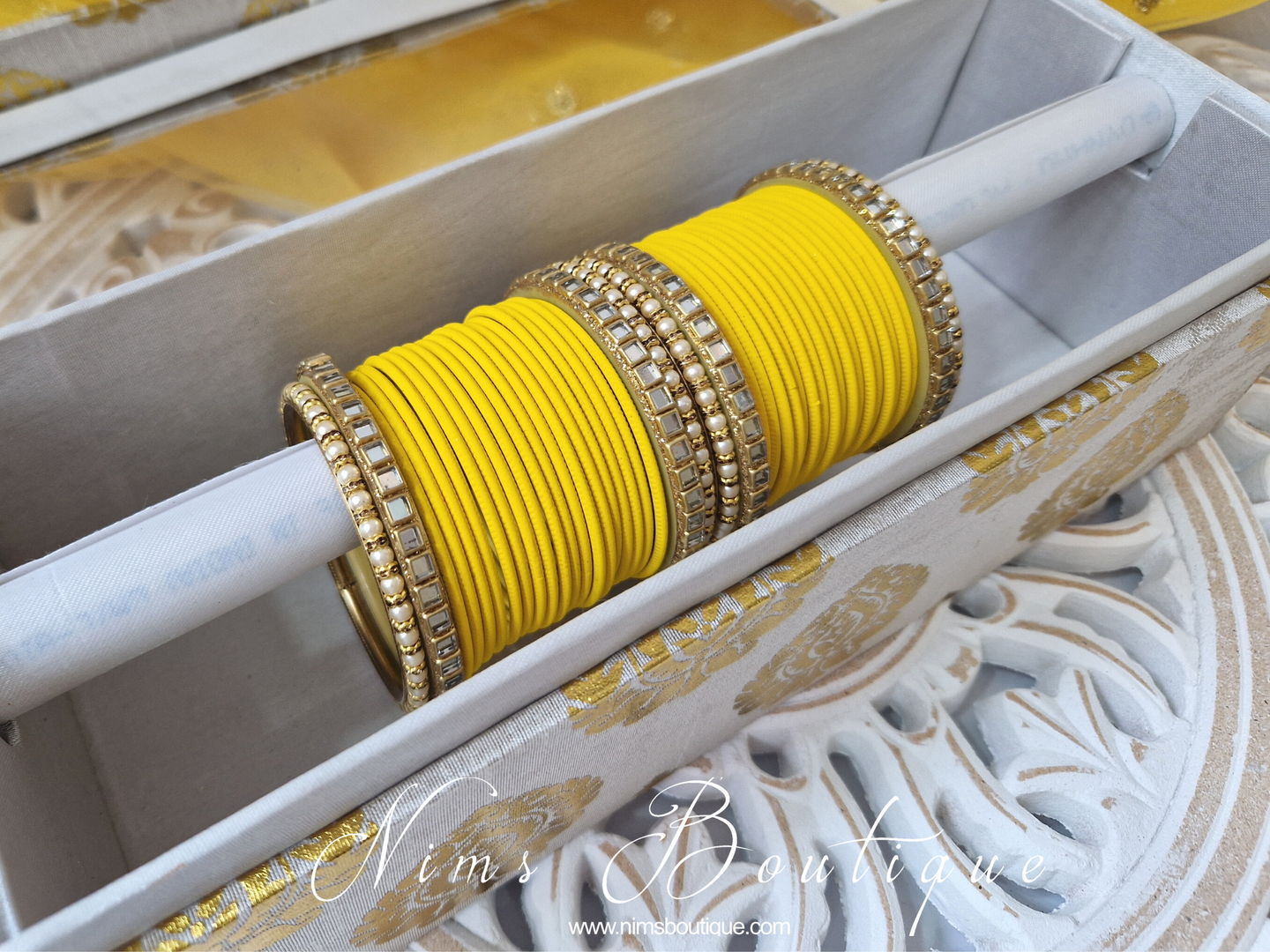 Nims Boutique Deep Yellow & Kundan Set of Bangles DYN