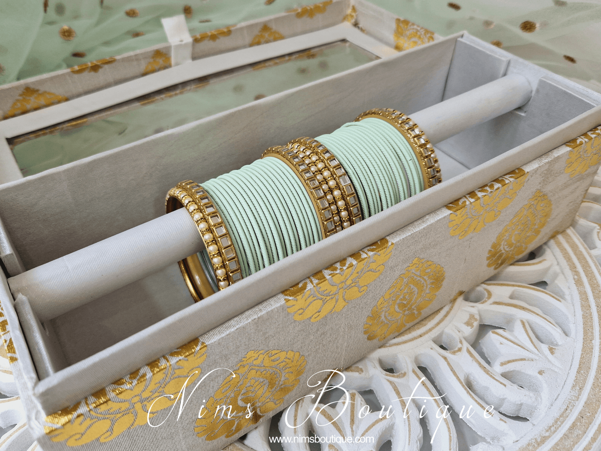 Nims Boutique Light Mint & Kundan Set of Bangles MBN