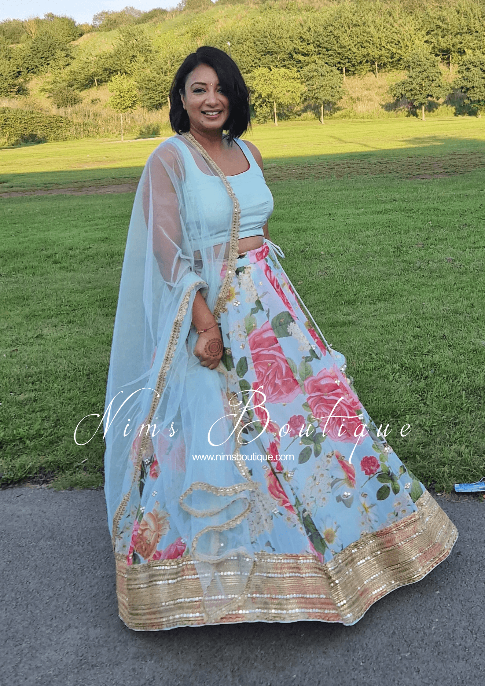 Nims Boutique Tara Luxury Silk Mint & Floral Lehnga