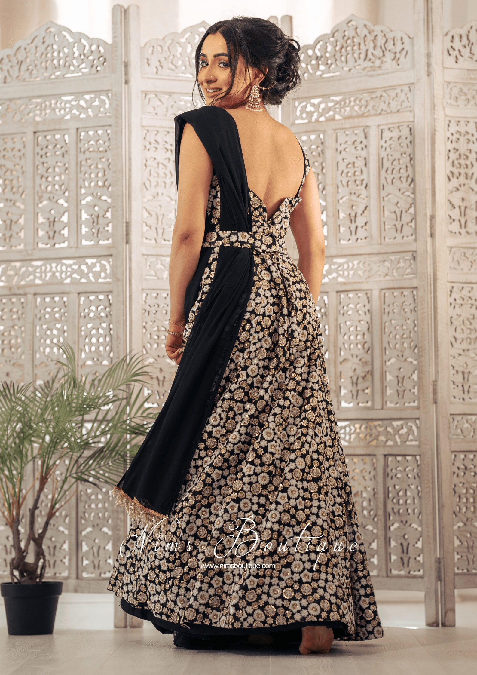Nims Boutique Luxury Black & Ivory Sequin Bow Lehnga 6-14