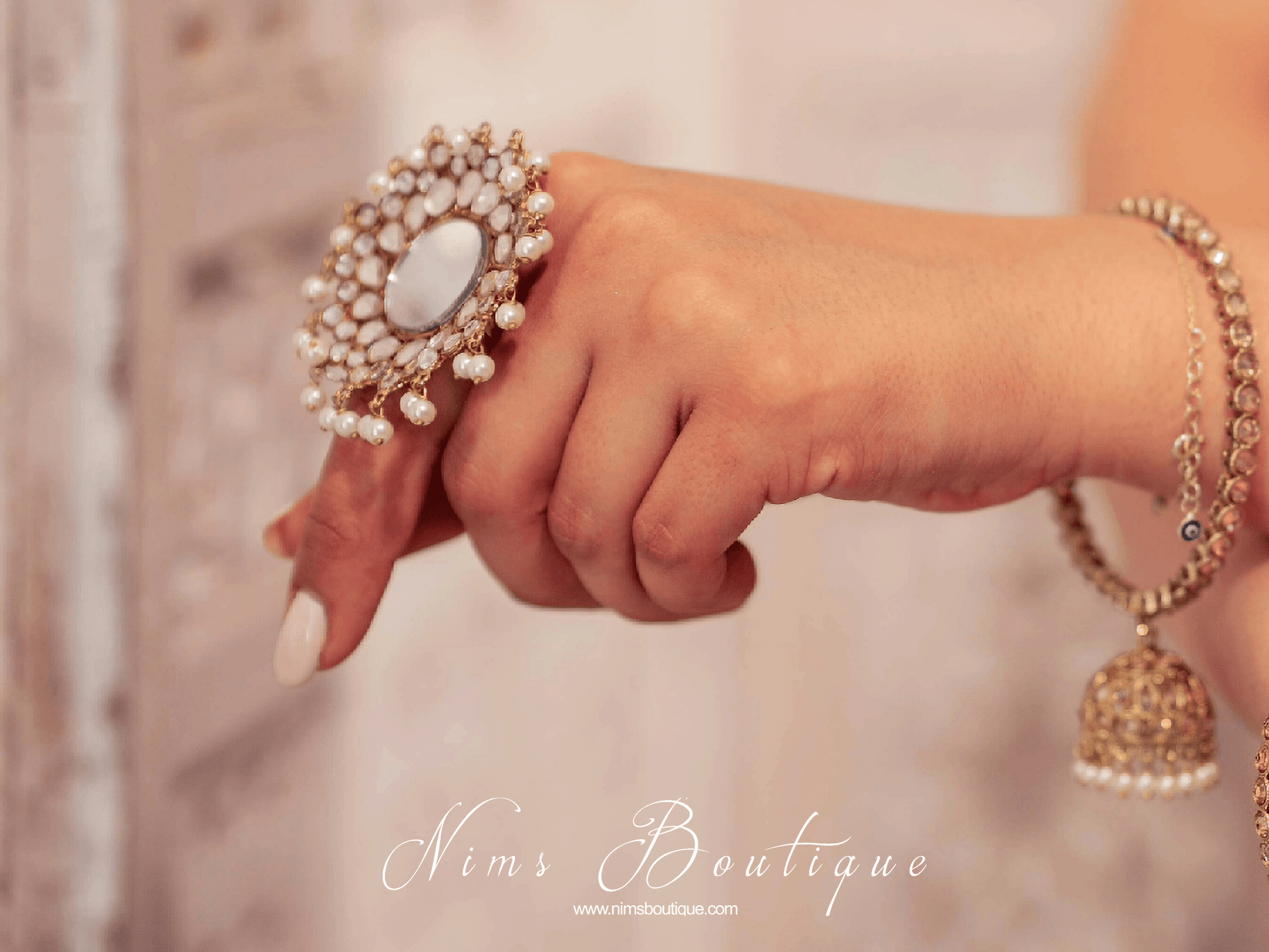 Nims Boutique Large Statement Royal Gold & Pearl Mirror Ring