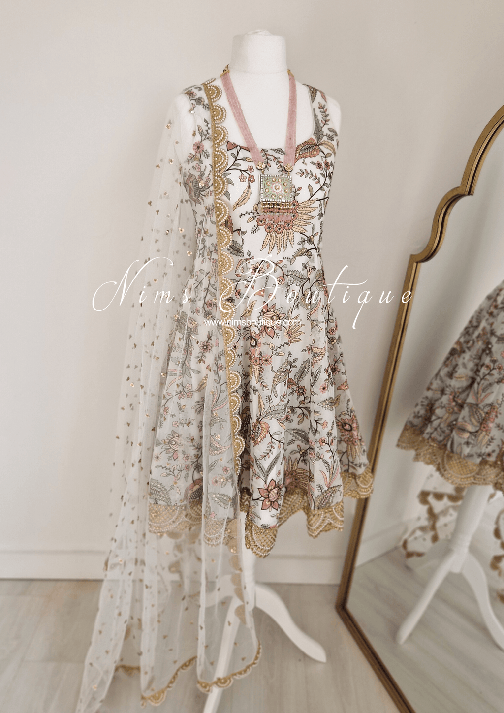 Nims Boutique Sarika Luxury White & Pastels Anarkali Suit with Pajami sizes 4-14