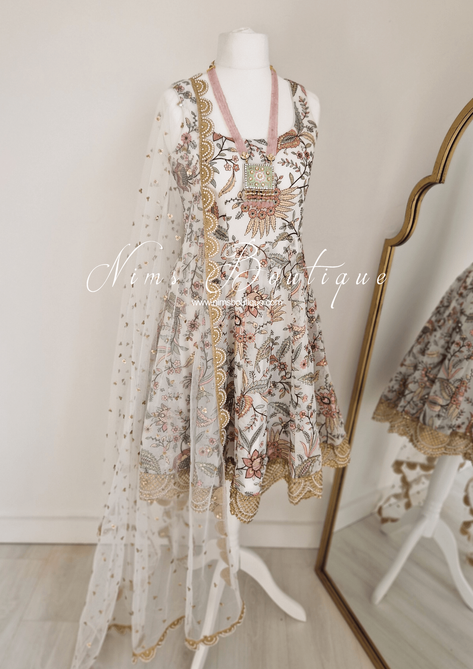 Nims Boutique Sarika Luxury White & Pastels Anarkali Suit with Pajami sizes 4-14