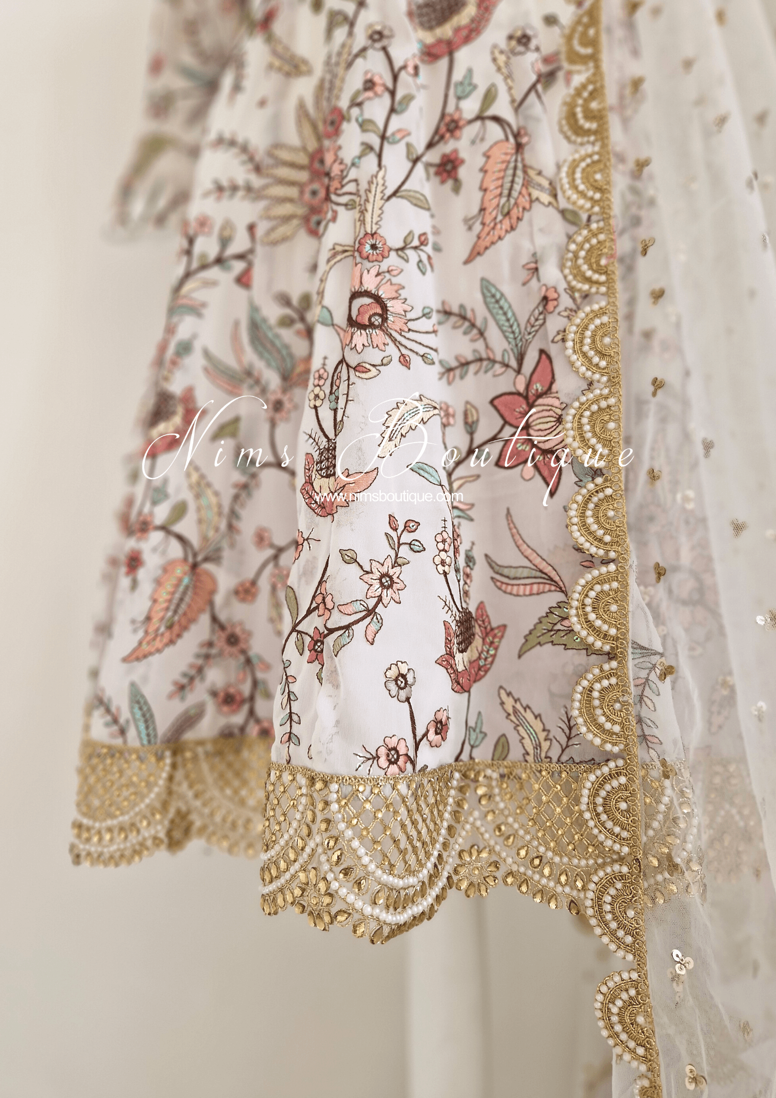 Nims Boutique Sarika White Luxury Long Sleeved Anarkali Suit with Pajami sizes 4-14