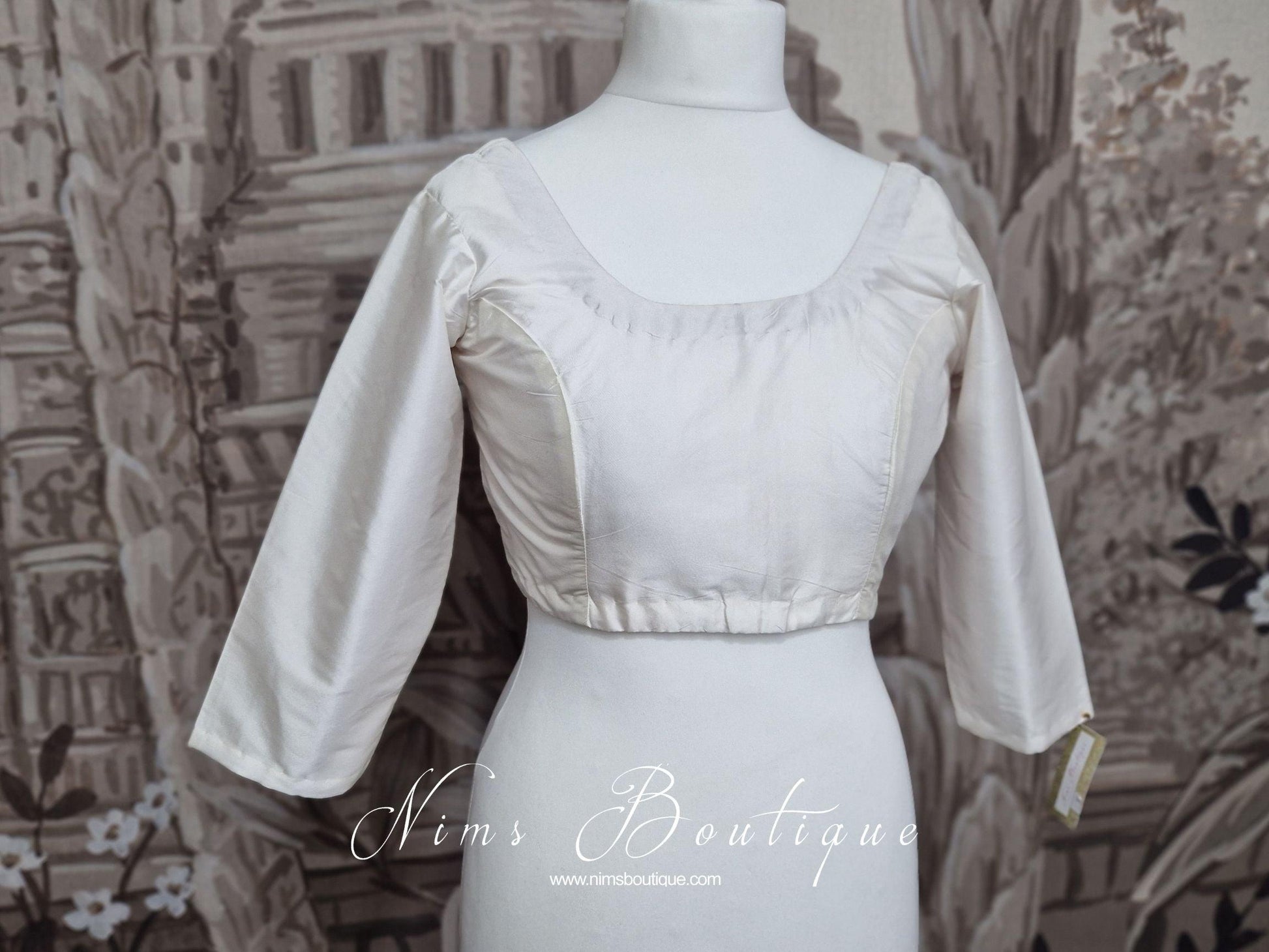 Nims Boutique White Pure Silk Scoop Neck Blouse with sleeves 4-26