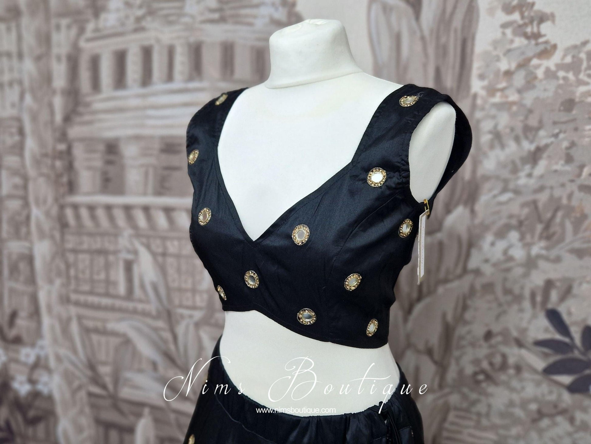 Nims Boutique Rani Luxury Black Silk Mirror Blouse size 4-22