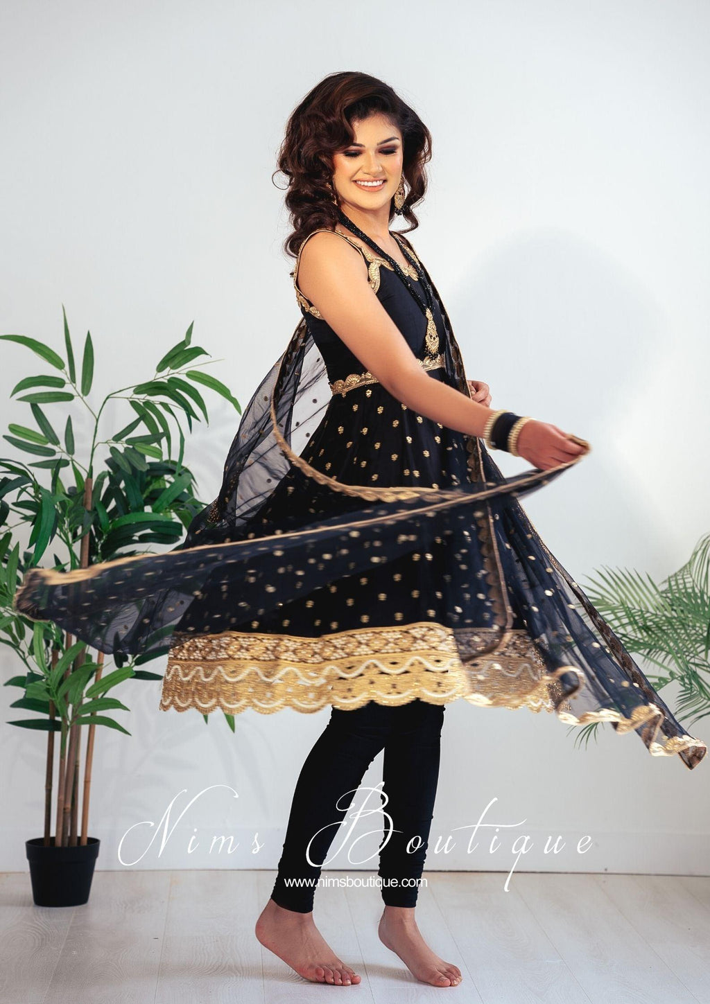 Nims Boutique The NB Luxury Black Silk Anarkali with Pajami size 4-16