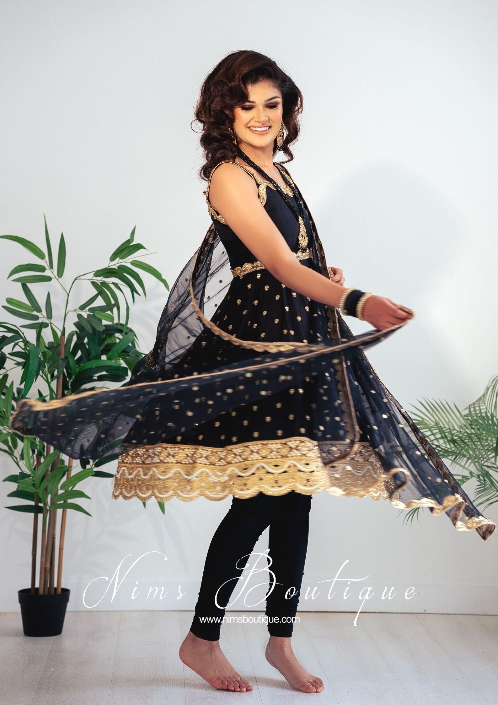 Nims Boutique The NB Luxury Black Silk Anarkali with Pajami size 4-16