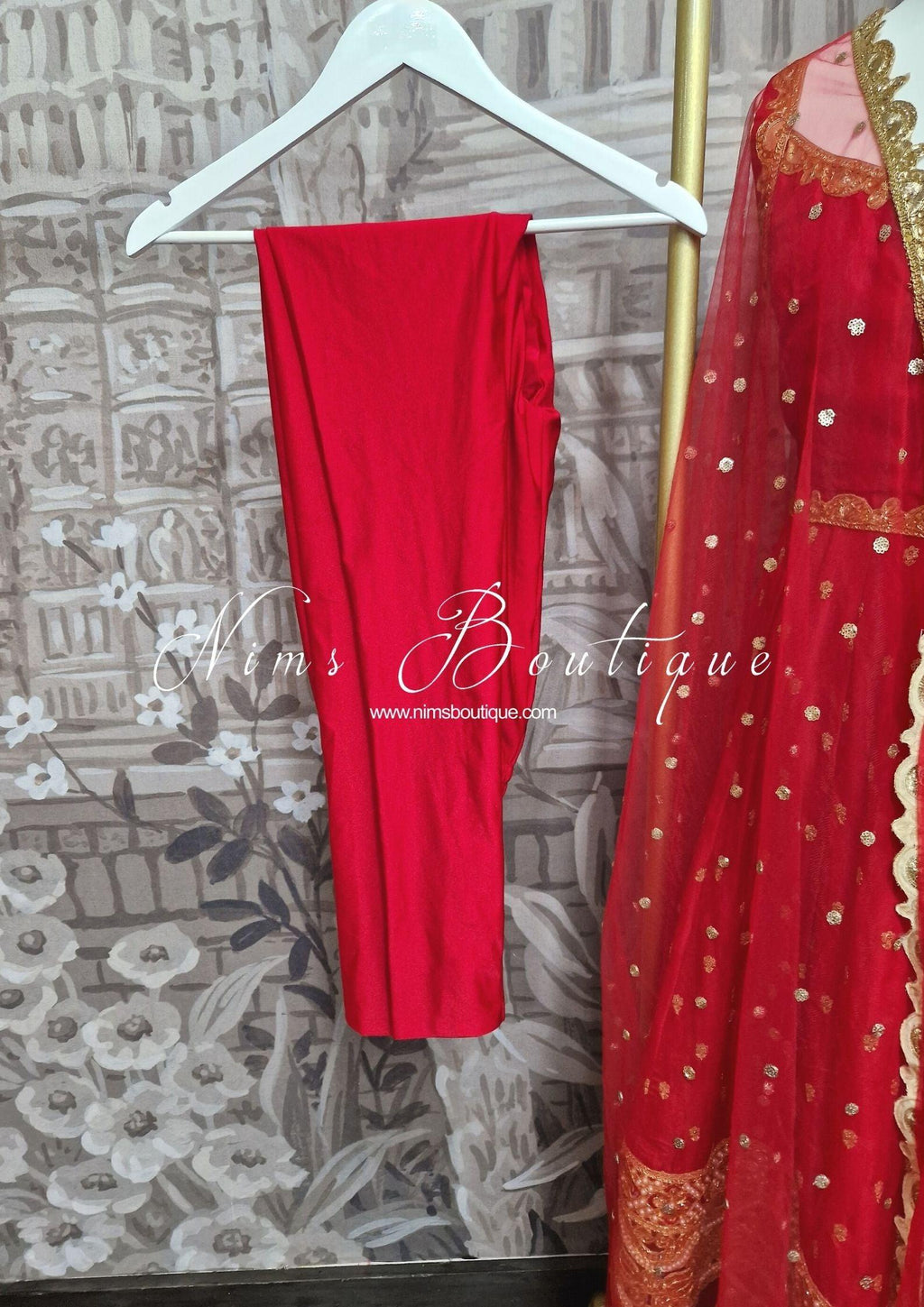Nims Boutique The NB Luxury Red Silk Anarkali with Pajami size 4-12