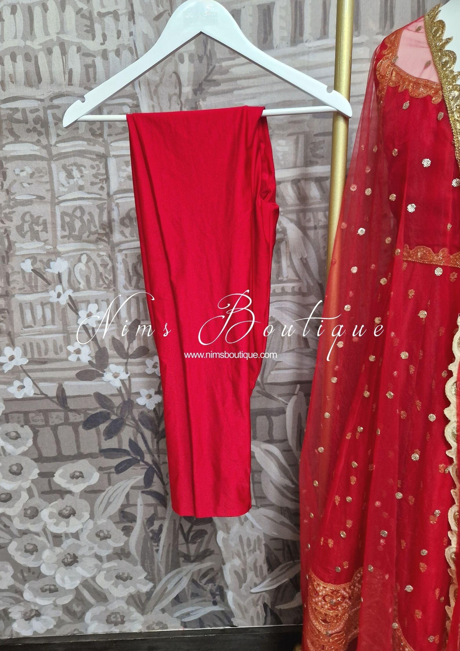 Nims Boutique The NB Luxury Red Silk Anarkali Pajami Suit with sleeves size 12-24