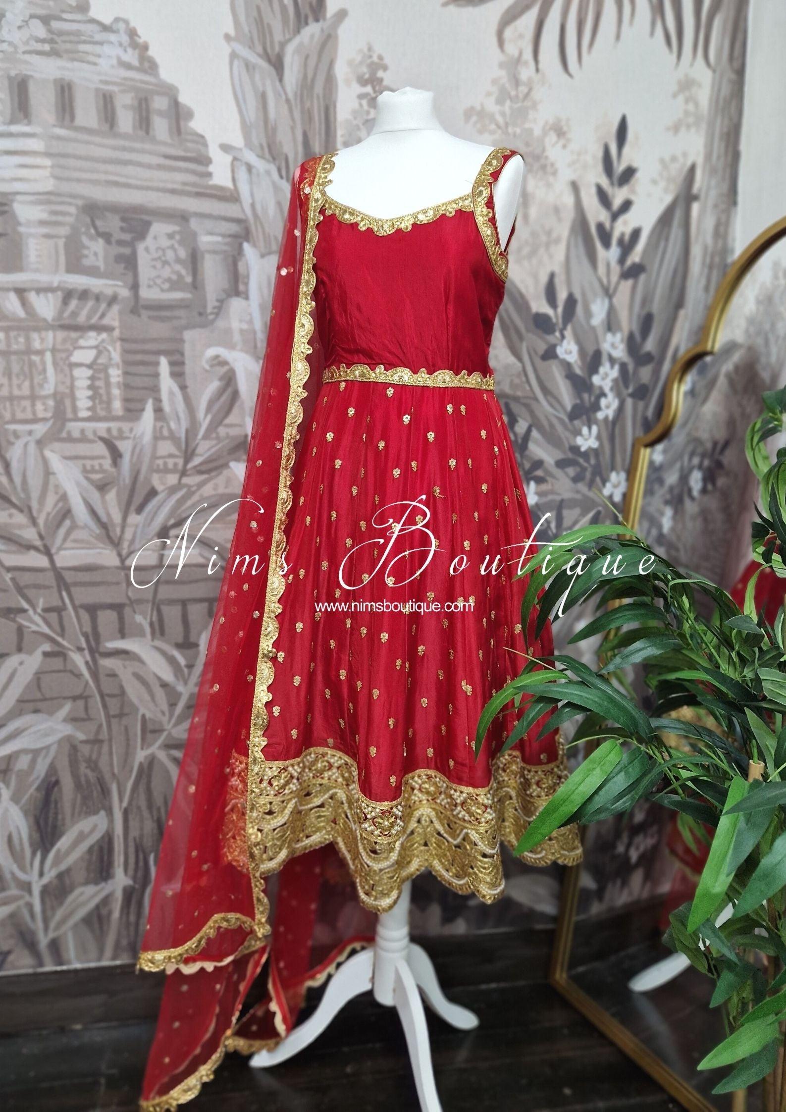 Nims Boutique The NB Luxury Red Silk Anarkali with Pajami size 4-12