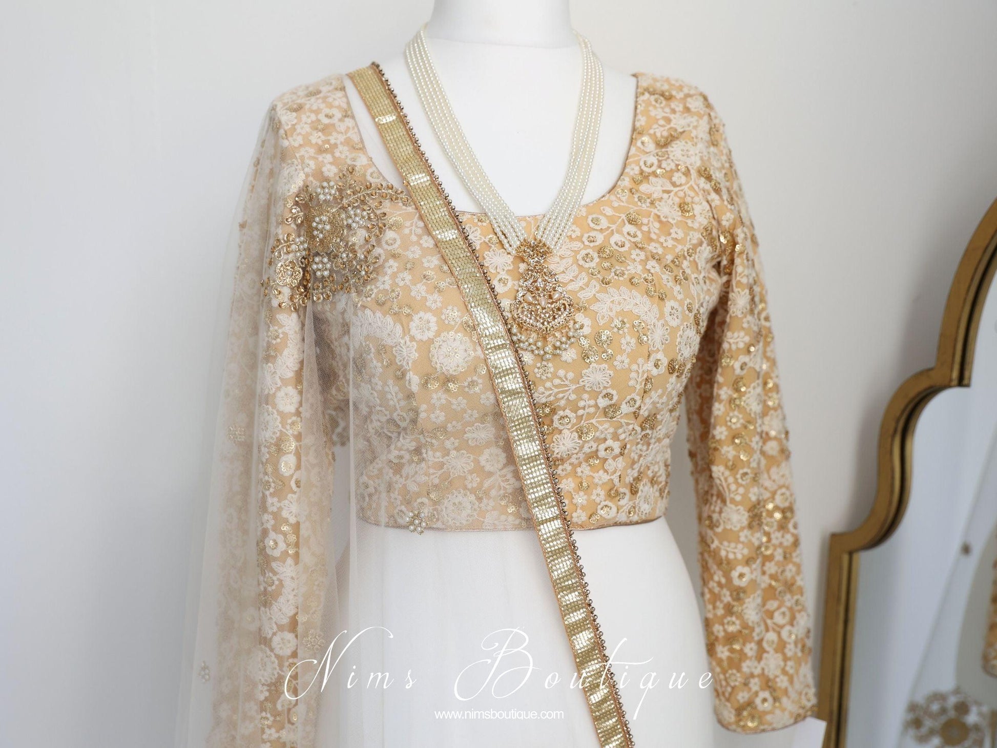 Nims Boutique Luxury Ivory & Gold Thread Embroidered Long sleeved Blouse size 10-24