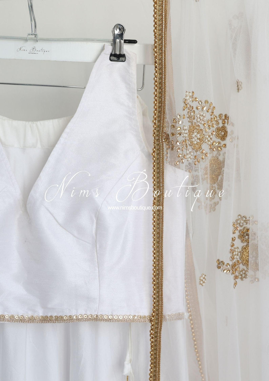 Nims Boutique White Net Pearl Embellished Dupatta/Chunni with Gold Bead Edging GB2