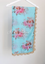 Luxury Blue Organza Floral Dupatta/Chunni with Pearl Edging
