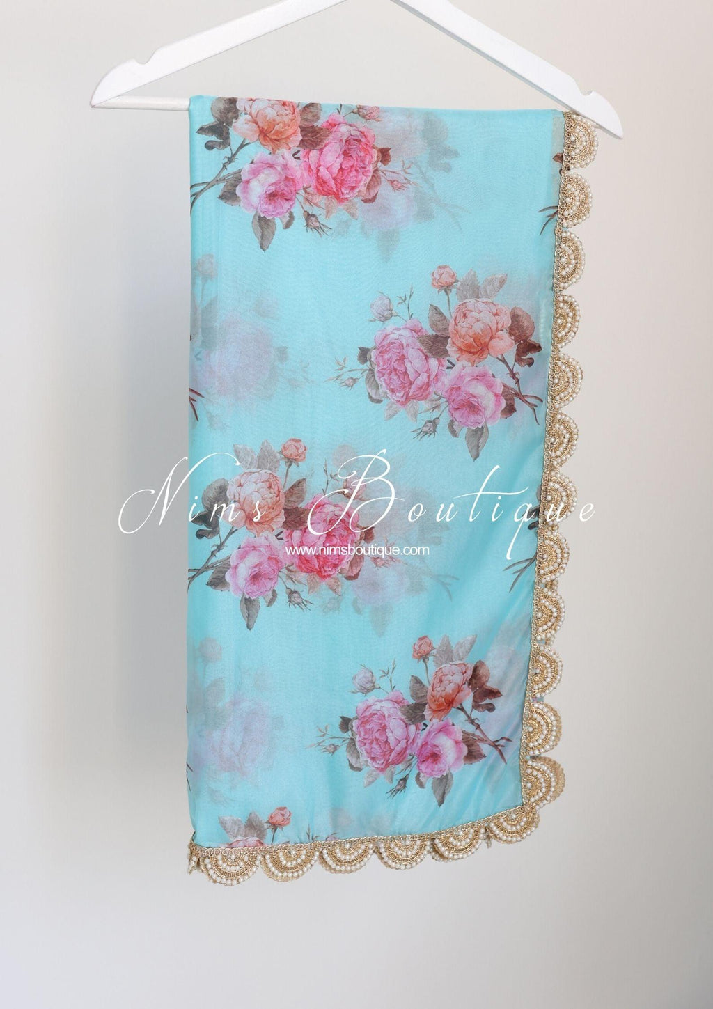 Nims Boutique Luxury Blue Organza Floral Dupatta/Chunni with Pearl Edging