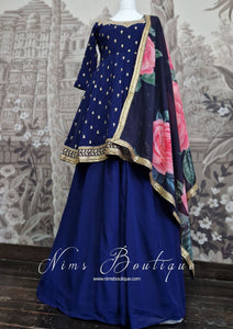 Luxury Navy Embellished & Floral Sharara Suit (10-12)