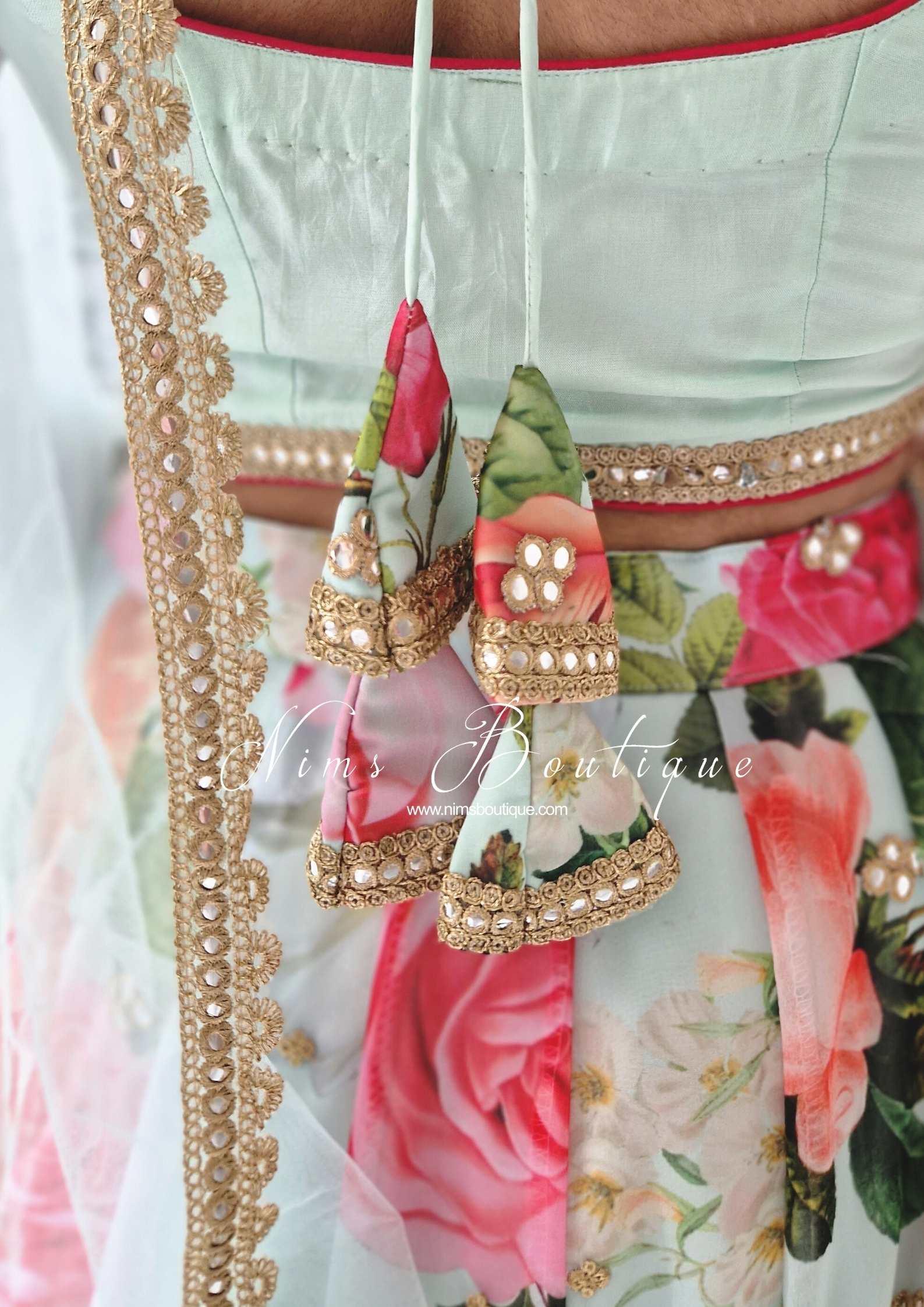 Nims Boutique Tara Luxury Silk Mint & Floral Lehnga