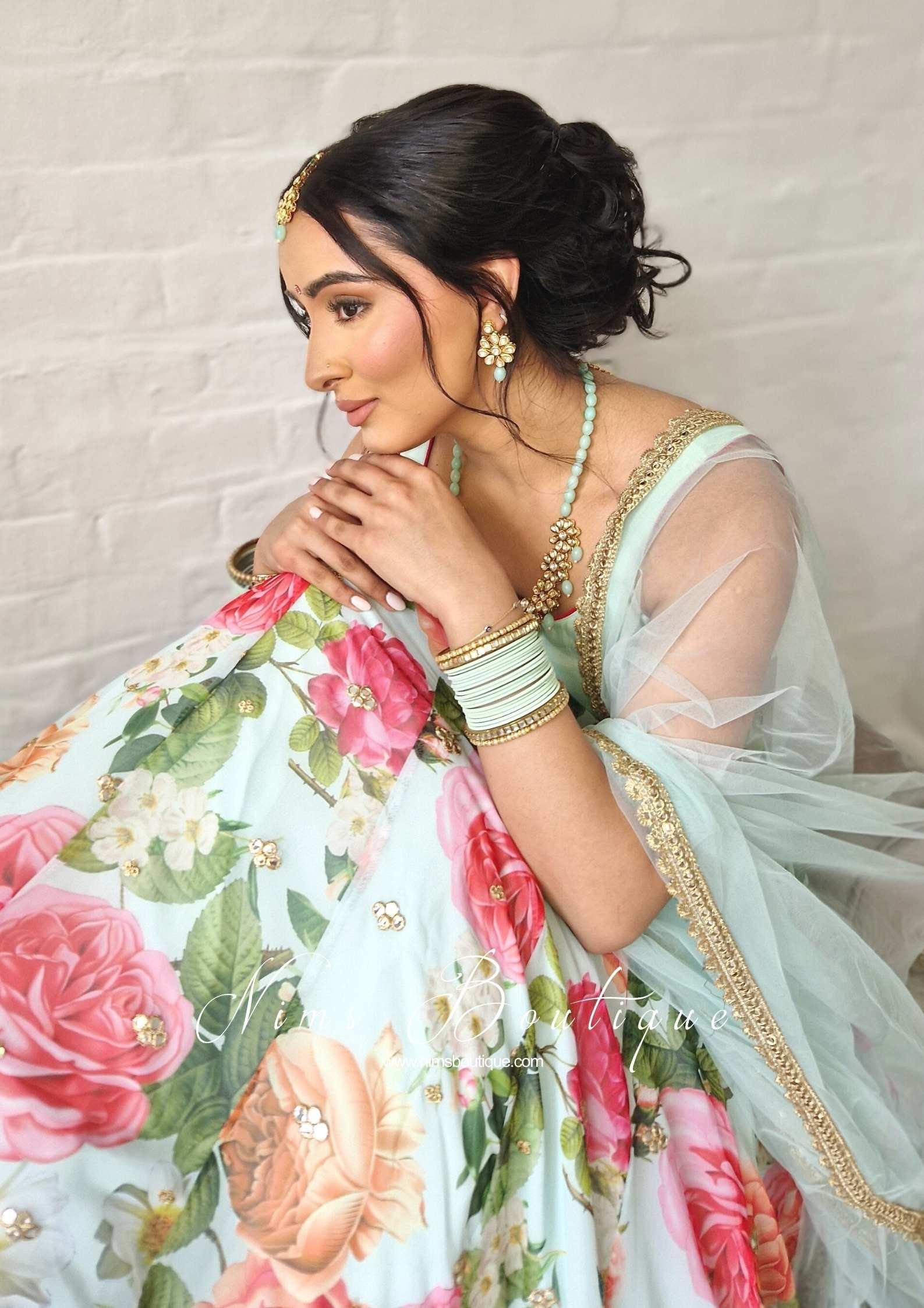 Nims Boutique Tara Luxury Silk Mint & Floral Lehnga