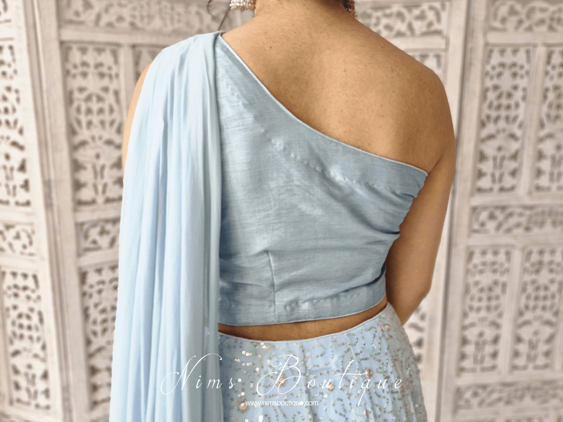 Nims Boutique Arya Powder Blue Luxury One Shoulder & Dupatta blouse 4-10