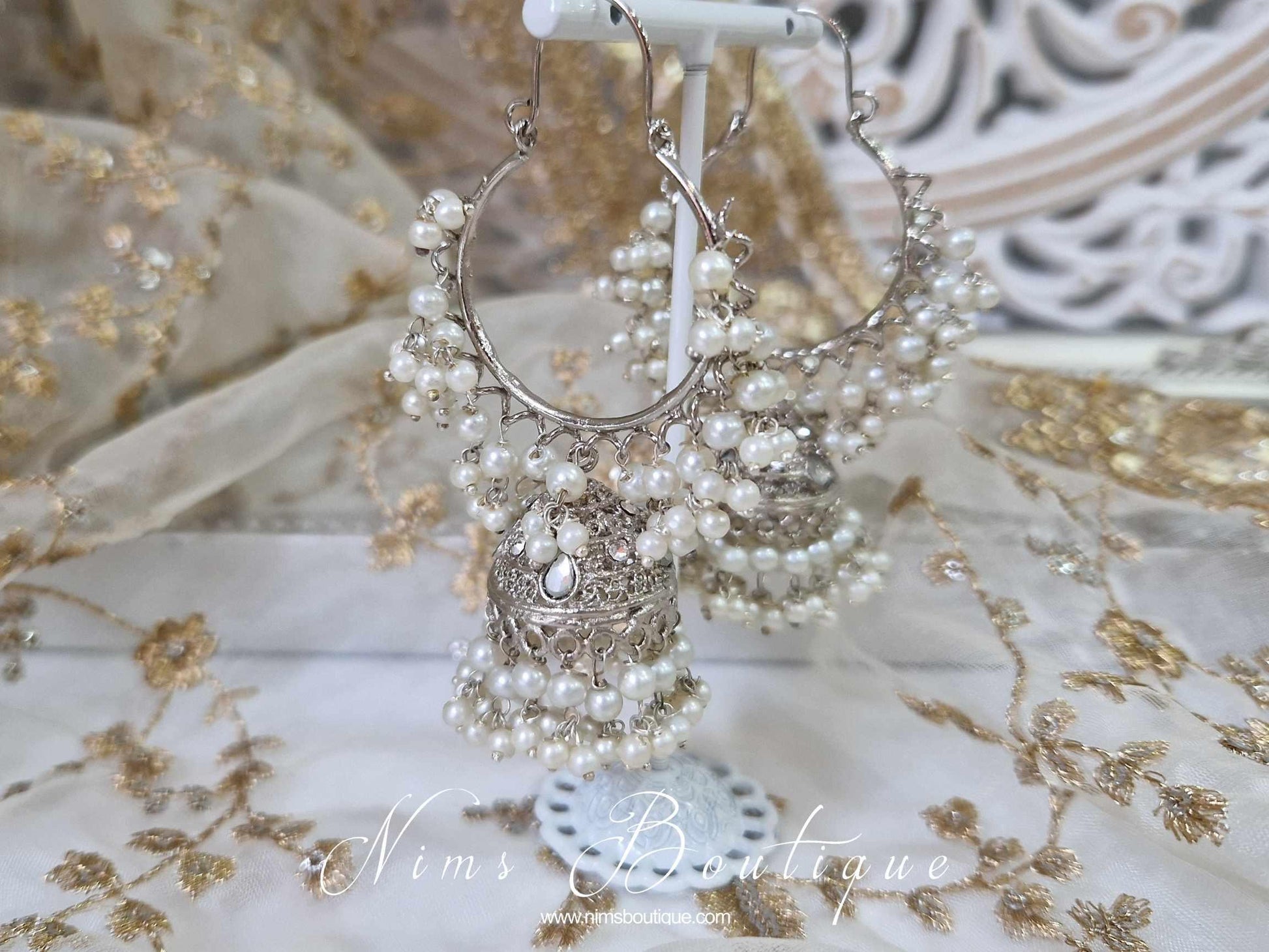Nims Boutique Emilia Royal Silver Pearl Hoop Chumka Earrings