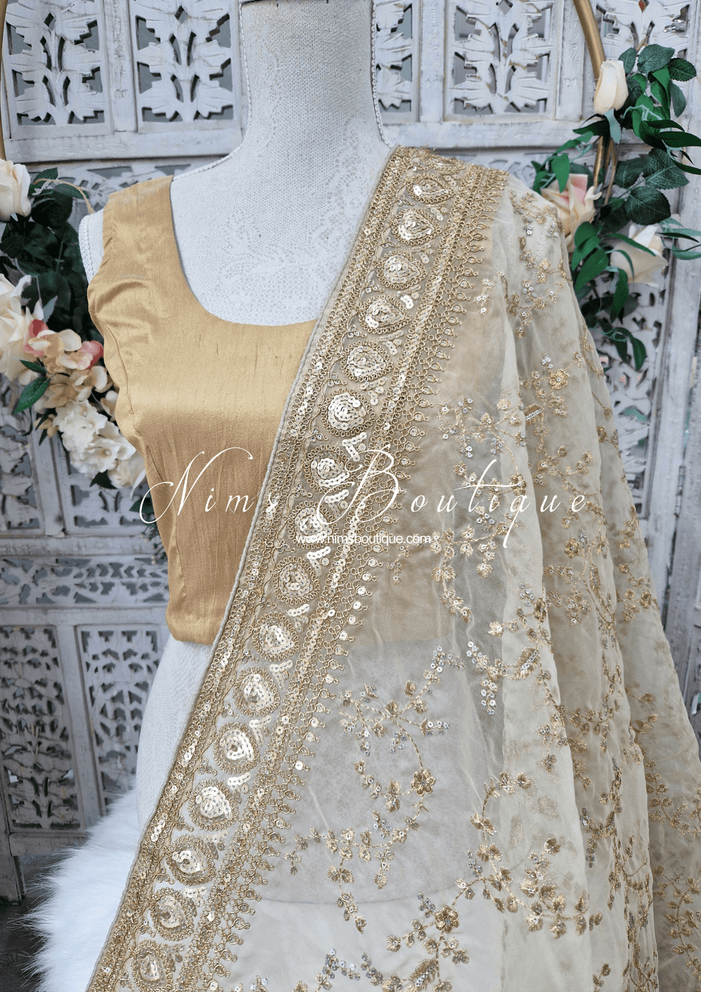 Nims Boutique Mahi Luxury Light Gold Organza Embroidered Dupatta/Chunni