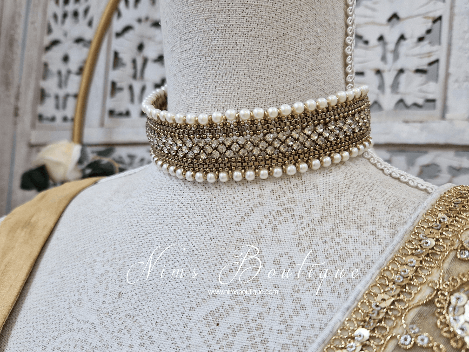 Nims Boutique Celina Pearl & Antique Gold Choker with Clear Stone