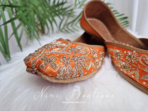 Nims Boutique Orange Embellished Leather Punjabi Juttis