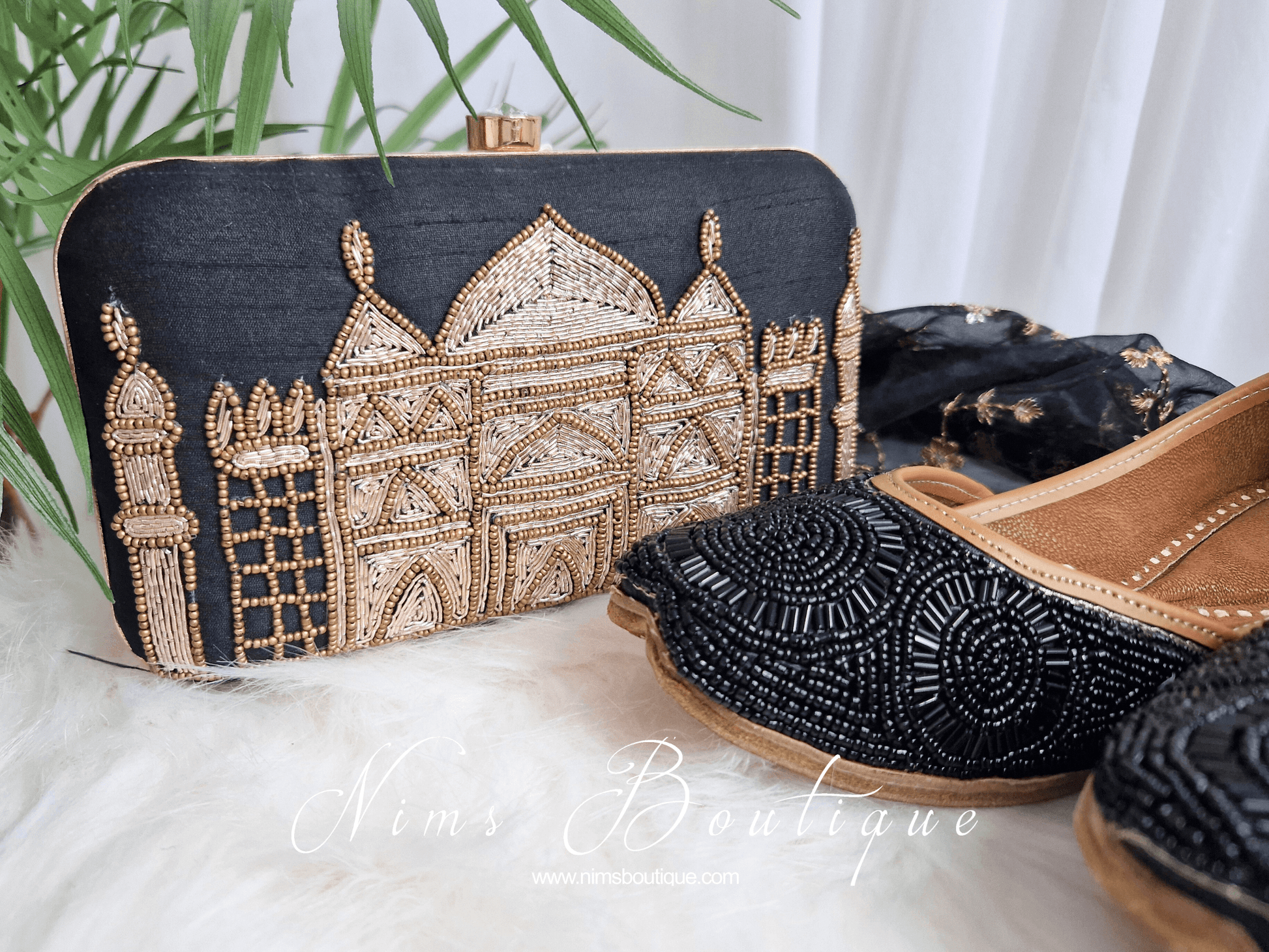 Nims Boutique Taj Black Raw Silk Clutch Bag