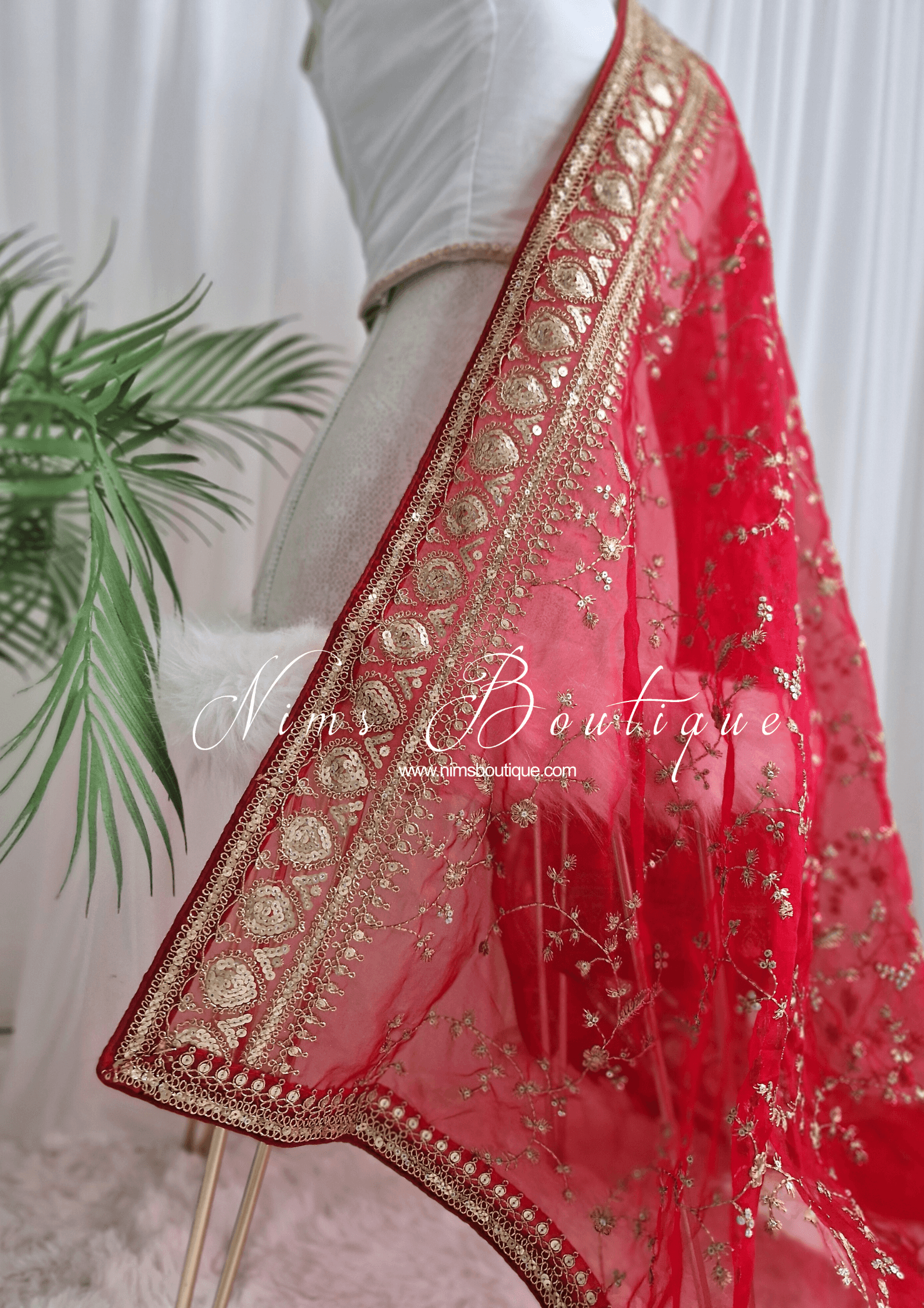 Nims Boutique Mahi Luxury Red Organza Embroidered Dupatta/Chunni