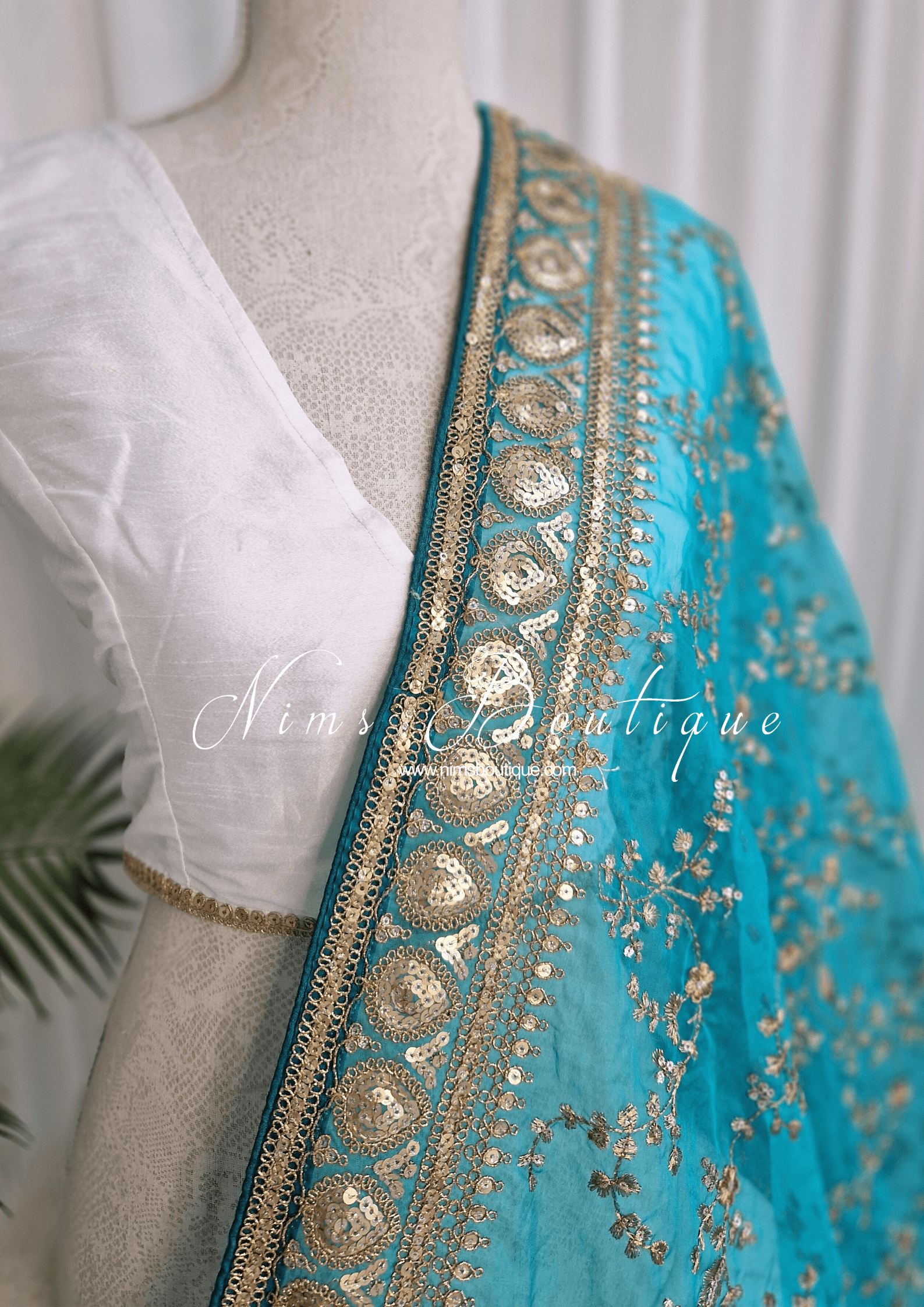 Nims Boutique Mahi Luxury Bright Teal Organza Embroidered Dupatta/Chunni