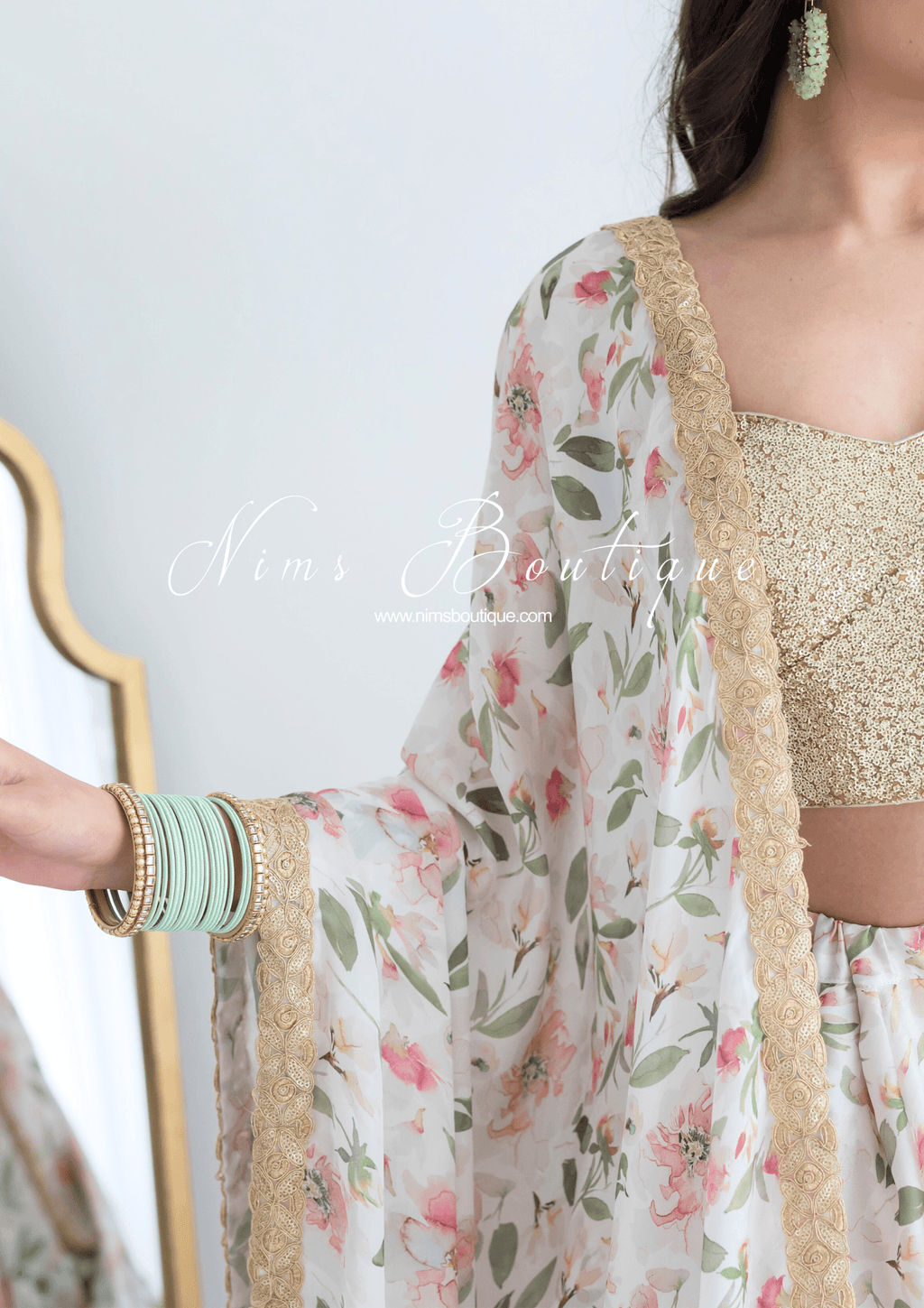 Nims Boutique Olivia Satin Print Dupatta/Chunni sequin edging